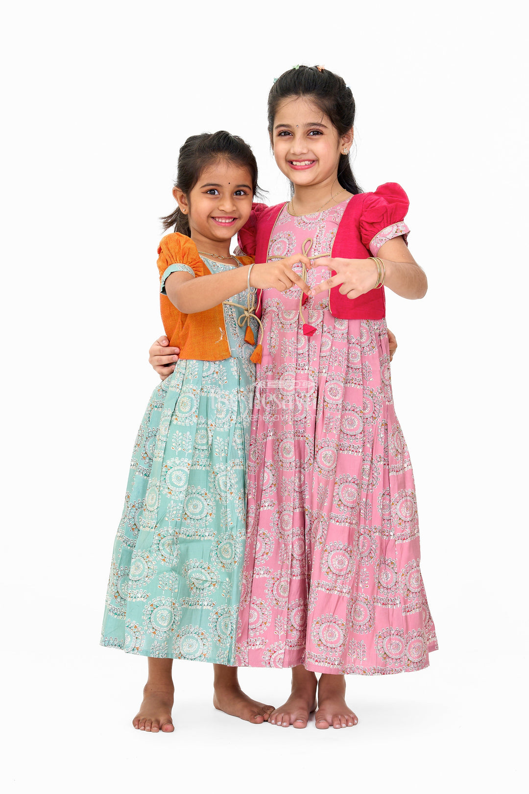 The Nesavu Girls Casual Gown Girls Blue Wedding Anarkali Dress with Traditional Prints and Contrast Orange Short Jacket Nesavu Girls Blue Wedding Anarkali Dress Traditional Prints Contrast Orange Short Jacket | The Nesavu