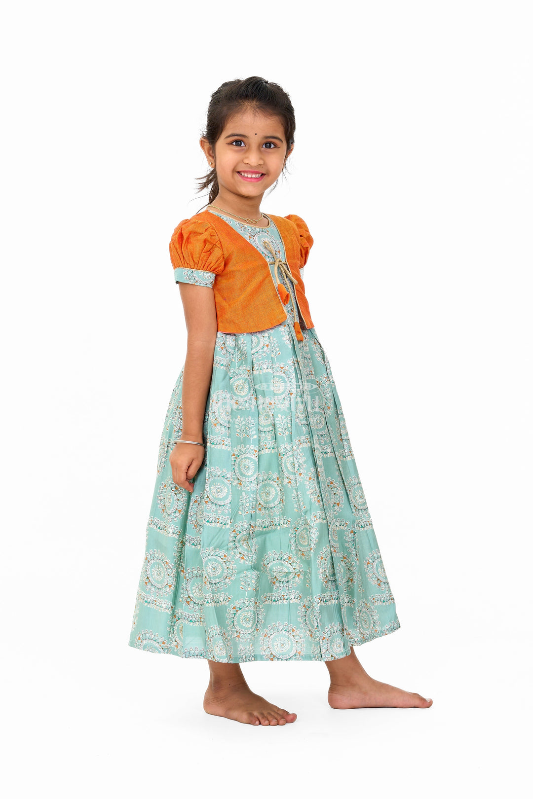 The Nesavu Girls Casual Gown Girls Blue Wedding Anarkali Dress with Traditional Prints and Contrast Orange Short Jacket Nesavu Girls Blue Wedding Anarkali Dress Traditional Prints Contrast Orange Short Jacket | The Nesavu