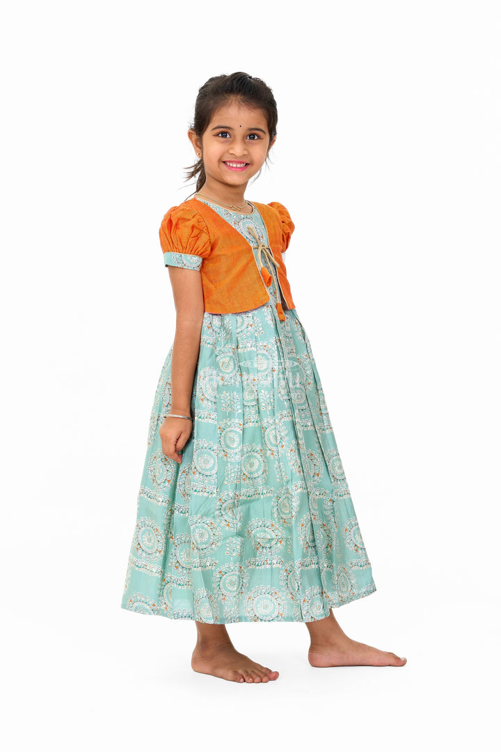 The Nesavu Girls Casual Gown Girls Blue Wedding Anarkali Dress with Traditional Prints and Contrast Orange Short Jacket Nesavu Girls Blue Wedding Anarkali Dress Traditional Prints Contrast Orange Short Jacket | The Nesavu