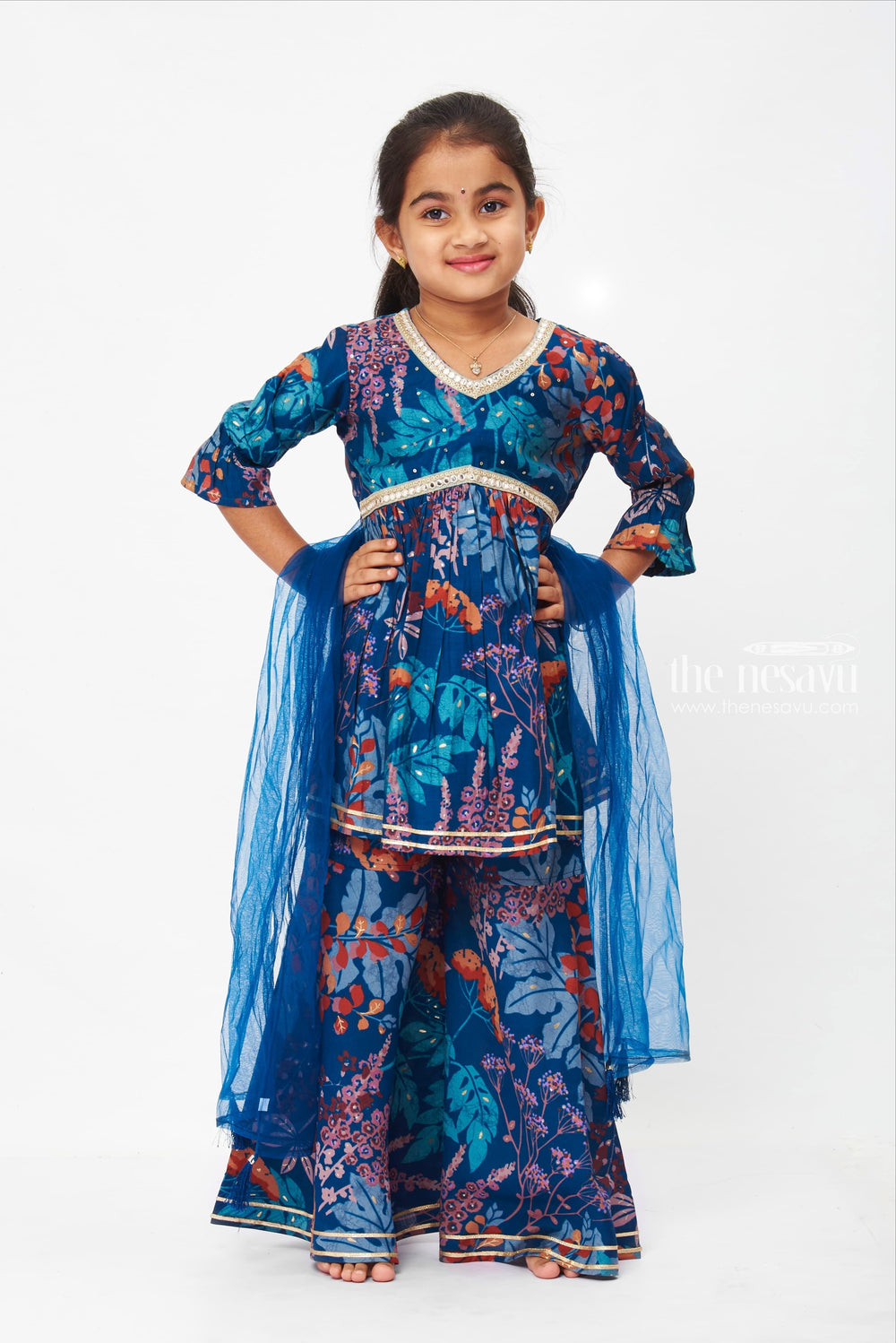 The Nesavu Girls Sharara / Plazo Set Girls Bohemian Floral Peplum Top with Gharara Pants - Trendy Ethnic Wear Nesavu 16 (1Y) / Blue / Modal Chanderi GPS217C-16 Floral Print Alia Cut Tops | Casual Floral Set for Girls | The Nesavu