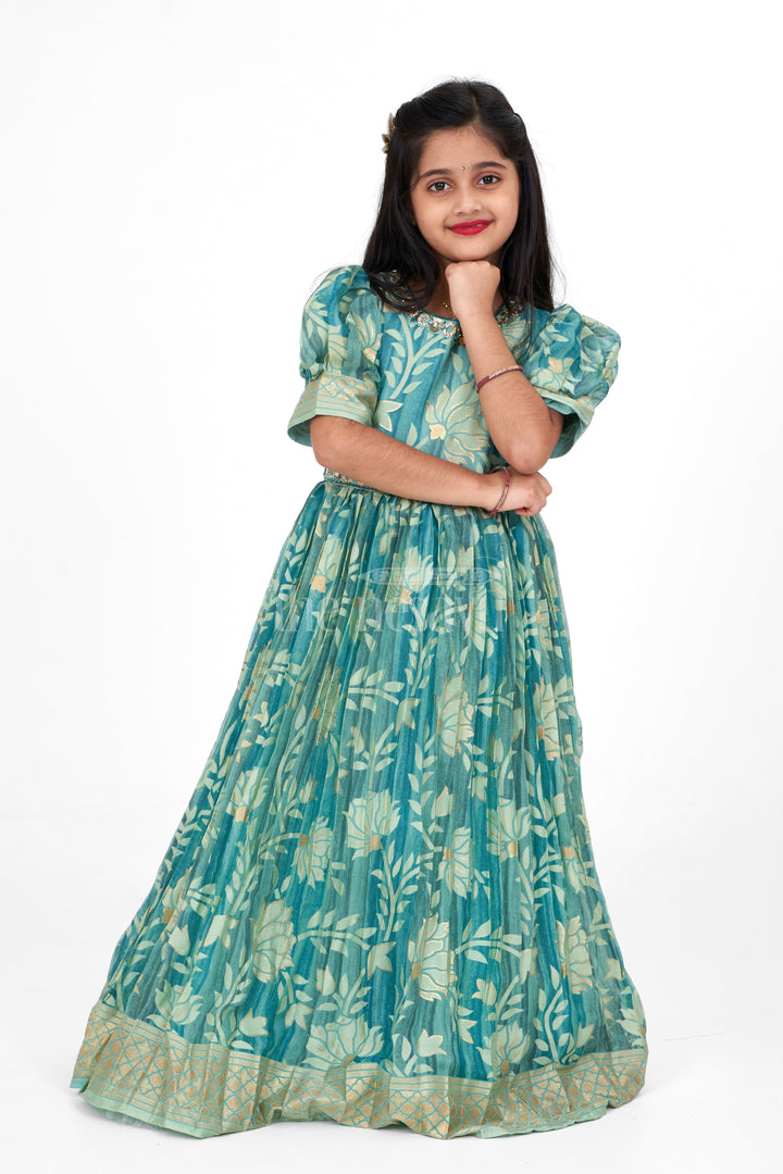 The Nesavu Girls Party Gown Girls Bridal Party Gown in Brazo Fabric with Intricate Floral Pattern and Puffy Sleeves Nesavu 22 (4Y) / Teal GA283A-22 Nesavu Girls Bridal Party Gown Brazo Fabric Floral Patterns Puffy Sleeves Weddings