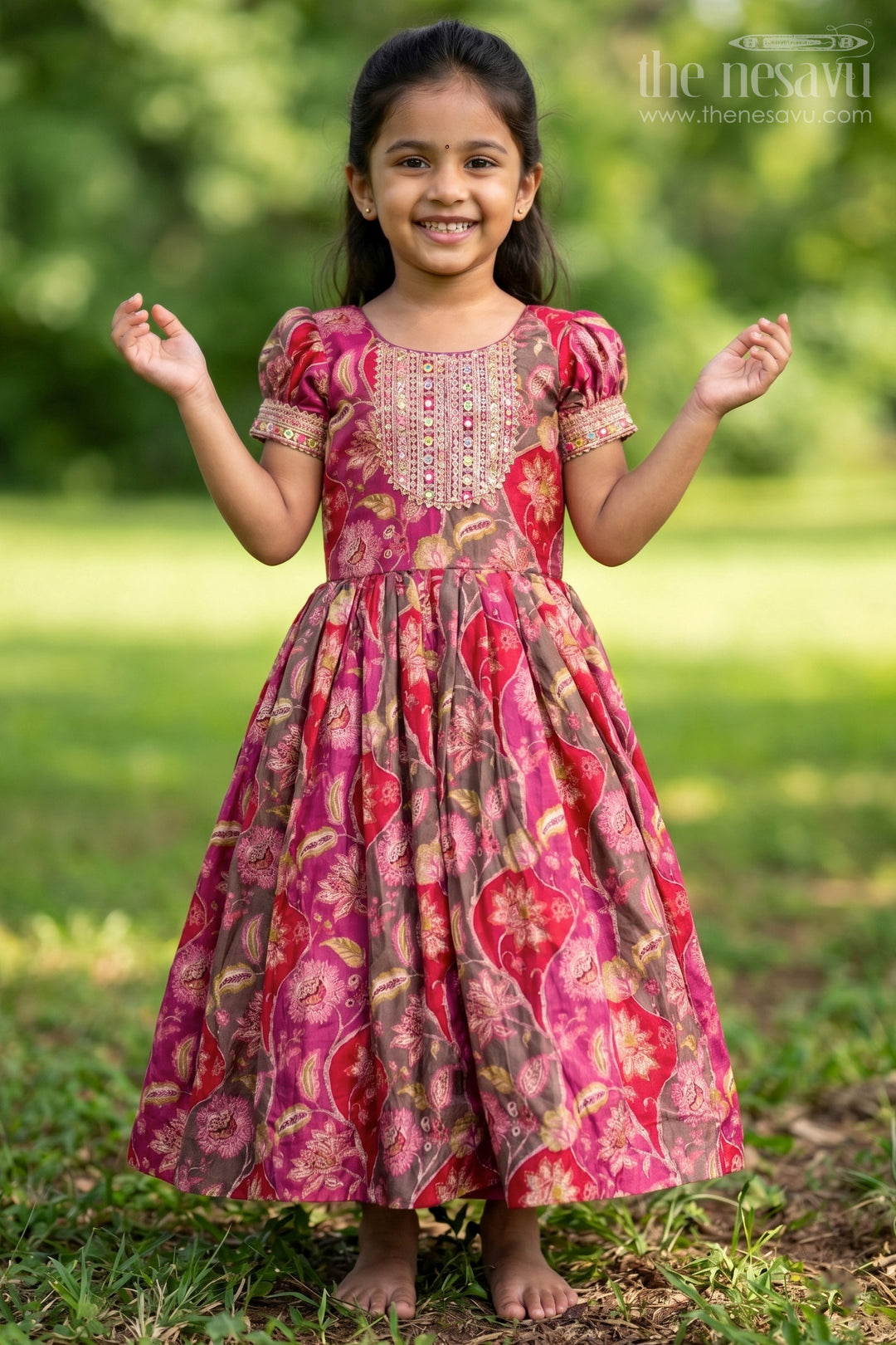 The Nesavu Girls Silk Gown Girls Bride in Wedding Dress Style Chinon Silk Gown with Intricate Mirror Work and Rich Floral Pattern Nesavu 16 (1Y) / Multicolor GA320A-16 Girls Bride Wedding Dress Inspired Chinon Silk Gown Mirror Embellishment Floral Print | The Nesavu