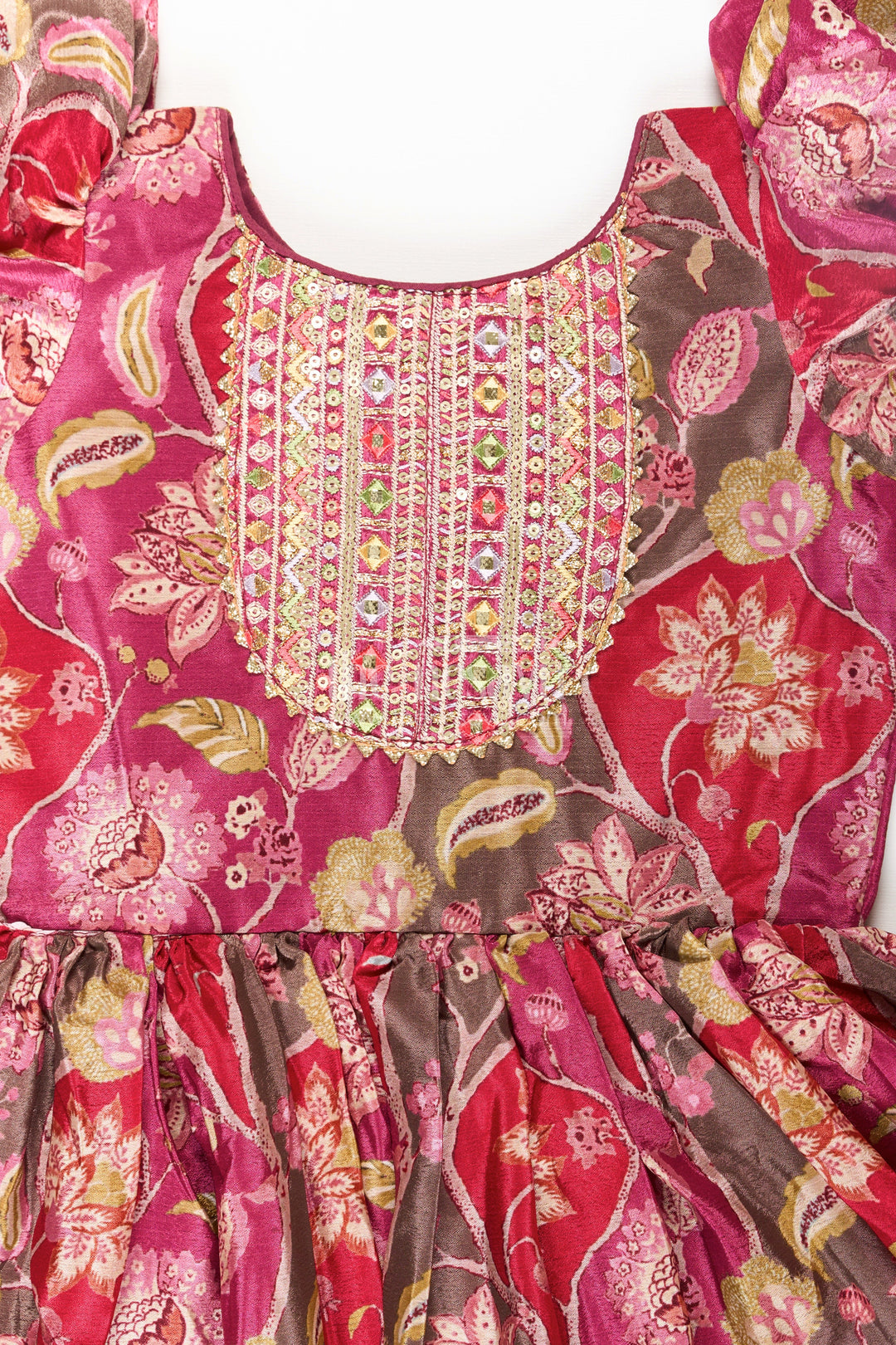 The Nesavu Girls Silk Gown Girls Bride in Wedding Dress Style Chinon Silk Gown with Intricate Mirror Work and Rich Floral Pattern Nesavu Girls Bride Wedding Dress Inspired Chinon Silk Gown Mirror Embellishment Floral Print | The Nesavu