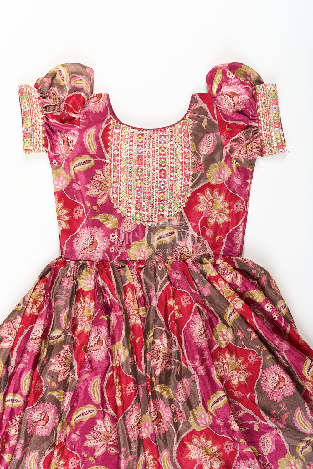 The Nesavu Girls Silk Gown Girls Bride in Wedding Dress Style Chinon Silk Gown with Intricate Mirror Work and Rich Floral Pattern Nesavu Girls Bride Wedding Dress Inspired Chinon Silk Gown Mirror Embellishment Floral Print | The Nesavu