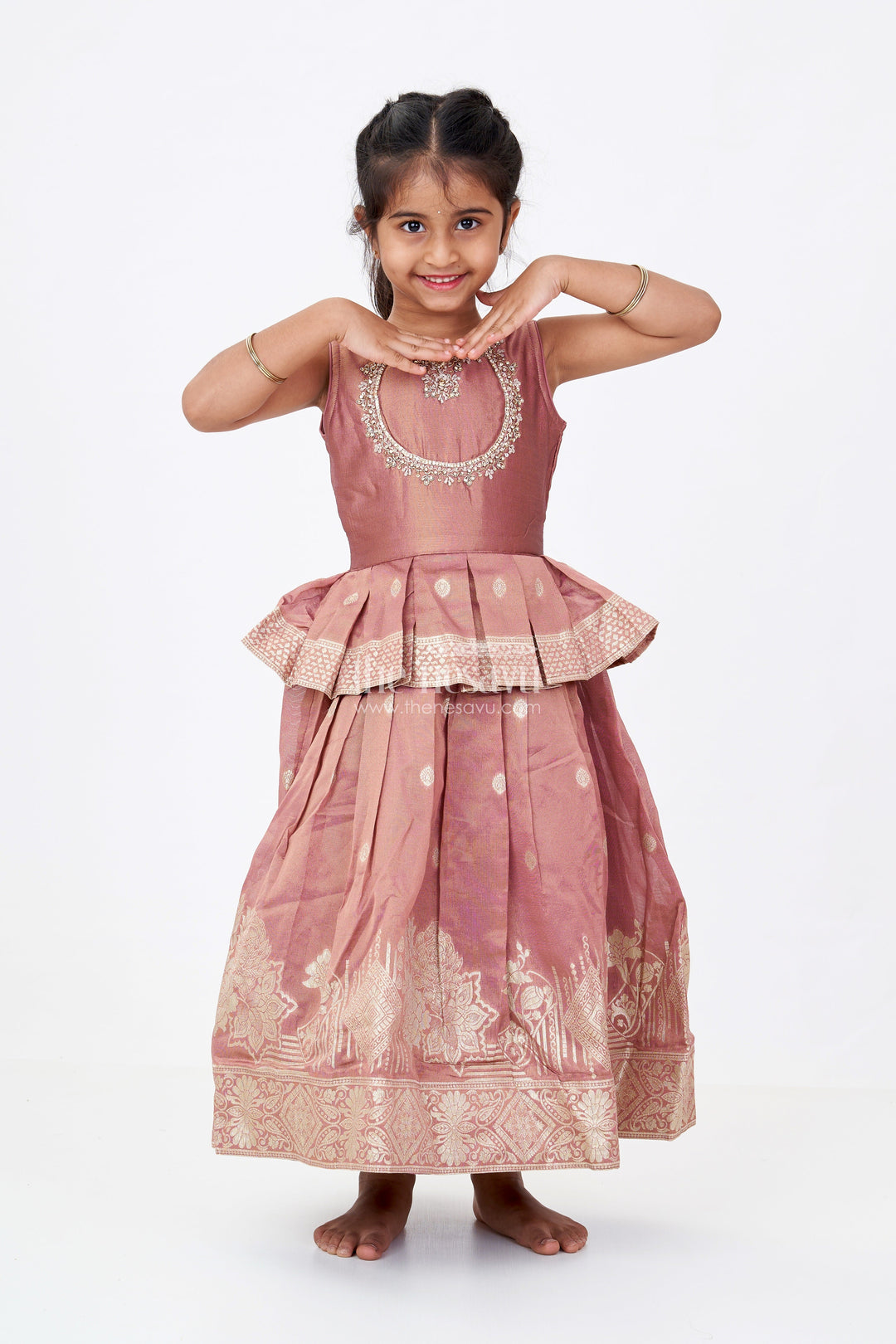 The Nesavu Girls Silk Gown Girls Brown Anarkali Dress in Banarasi Kora Tissue Silk with Zari Border and Embroidered Yoke Design Nesavu 18 (2Y) / Brown GA306A-18 Girls brown Anarkali Dress Banarasi Silk Zari Border Embroidered Bodice | The Nesavu