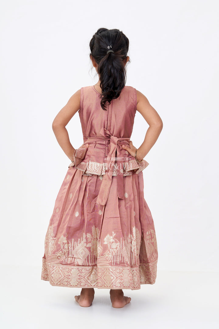 The Nesavu Girls Silk Gown Girls Brown Anarkali Dress in Banarasi Kora Tissue Silk with Zari Border and Embroidered Yoke Design Nesavu Girls brown Anarkali Dress Banarasi Silk Zari Border Embroidered Bodice | The Nesavu