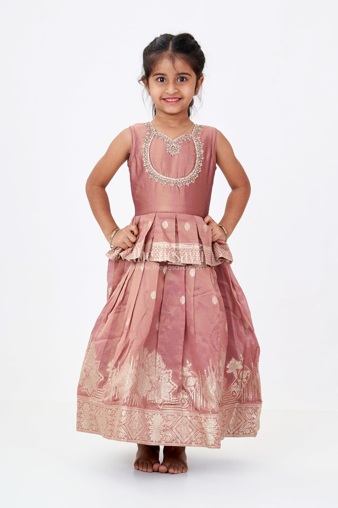 The Nesavu Girls Silk Gown Girls Brown Anarkali Dress in Banarasi Kora Tissue Silk with Zari Border and Embroidered Yoke Design Nesavu Girls brown Anarkali Dress Banarasi Silk Zari Border Embroidered Bodice | The Nesavu