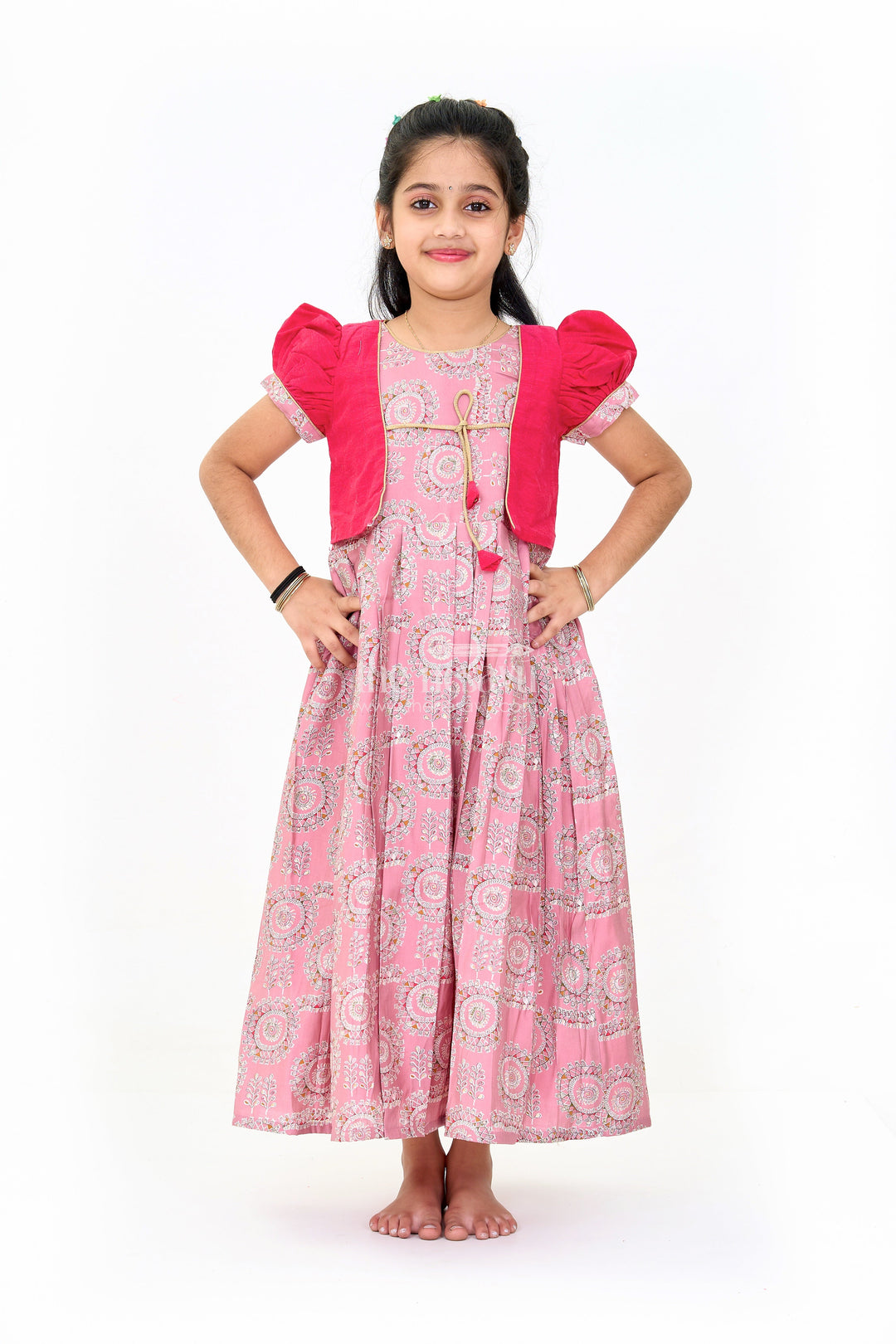 The Nesavu Girls Silk Gown Girls Brown Anarkali Dress with Traditional Printed Design and Matching Short Jacket Nesavu 16 (1Y) / Brown GA290B-16 Nesavu Girls Brown Anarkali Dress Printed Design Matching Short Jacket Festive Wear