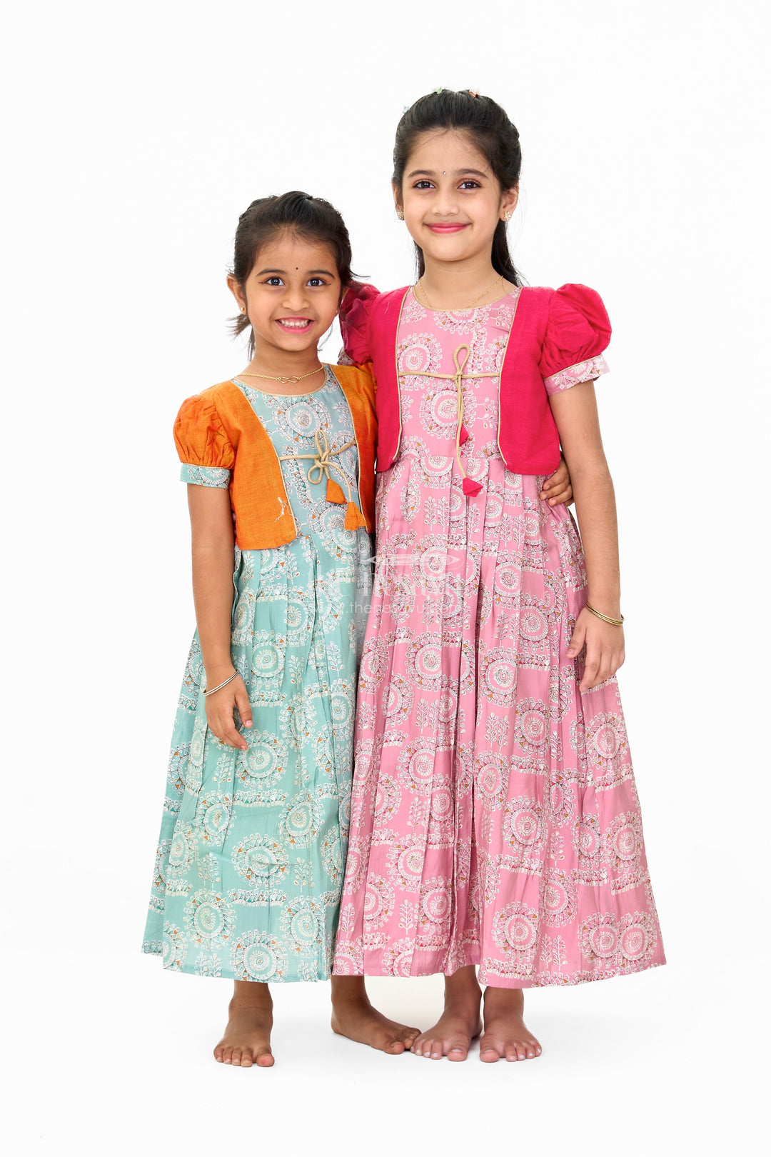 The Nesavu Girls Silk Gown Girls Brown Anarkali Dress with Traditional Printed Design and Matching Short Jacket Nesavu Nesavu Girls Brown Anarkali Dress Printed Design Matching Short Jacket Festive Wear