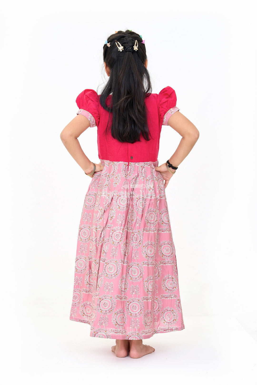 The Nesavu Girls Silk Gown Girls Brown Anarkali Dress with Traditional Printed Design and Matching Short Jacket Nesavu Nesavu Girls Brown Anarkali Dress Printed Design Matching Short Jacket Festive Wear