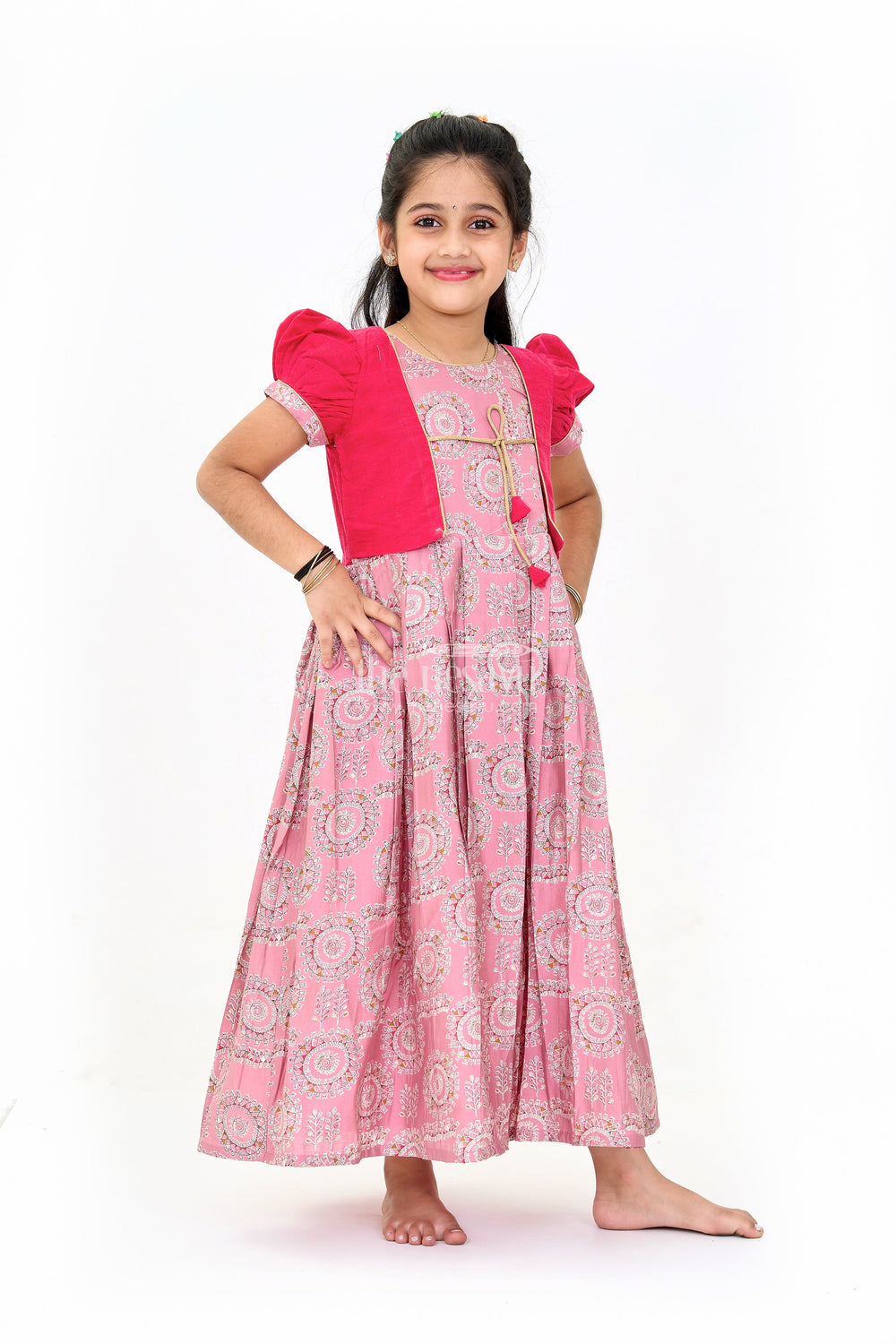 The Nesavu Girls Silk Gown Girls Brown Anarkali Dress with Traditional Printed Design and Matching Short Jacket Nesavu Nesavu Girls Brown Anarkali Dress Printed Design Matching Short Jacket Festive Wear