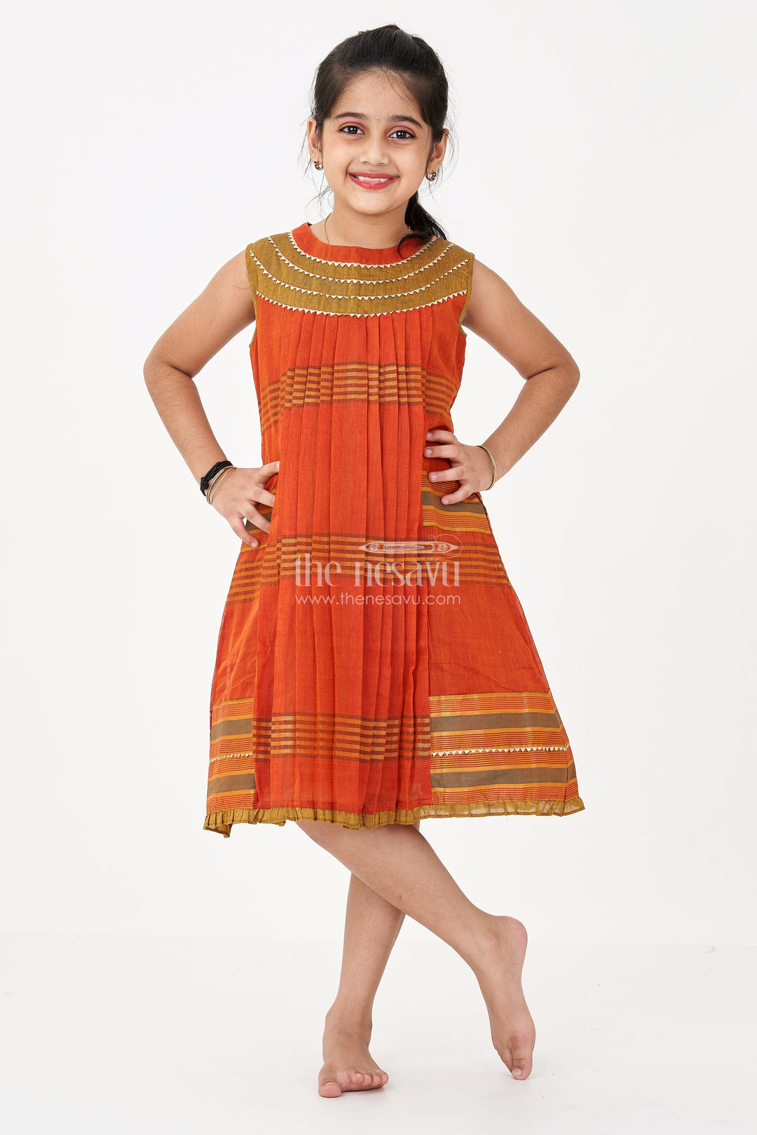 The Nesavu Girls Cotton Frock Girls Brown Color Frock in Mangalgiri Cotton with Traditional Stripes and Ornate Yoke Design Nesavu 22 (4Y) / Brown GFC1672B-22 Girls Brown Mangalgiri Cotton Frock Traditional Striped Design Embroidered Yoke | The Nesavu