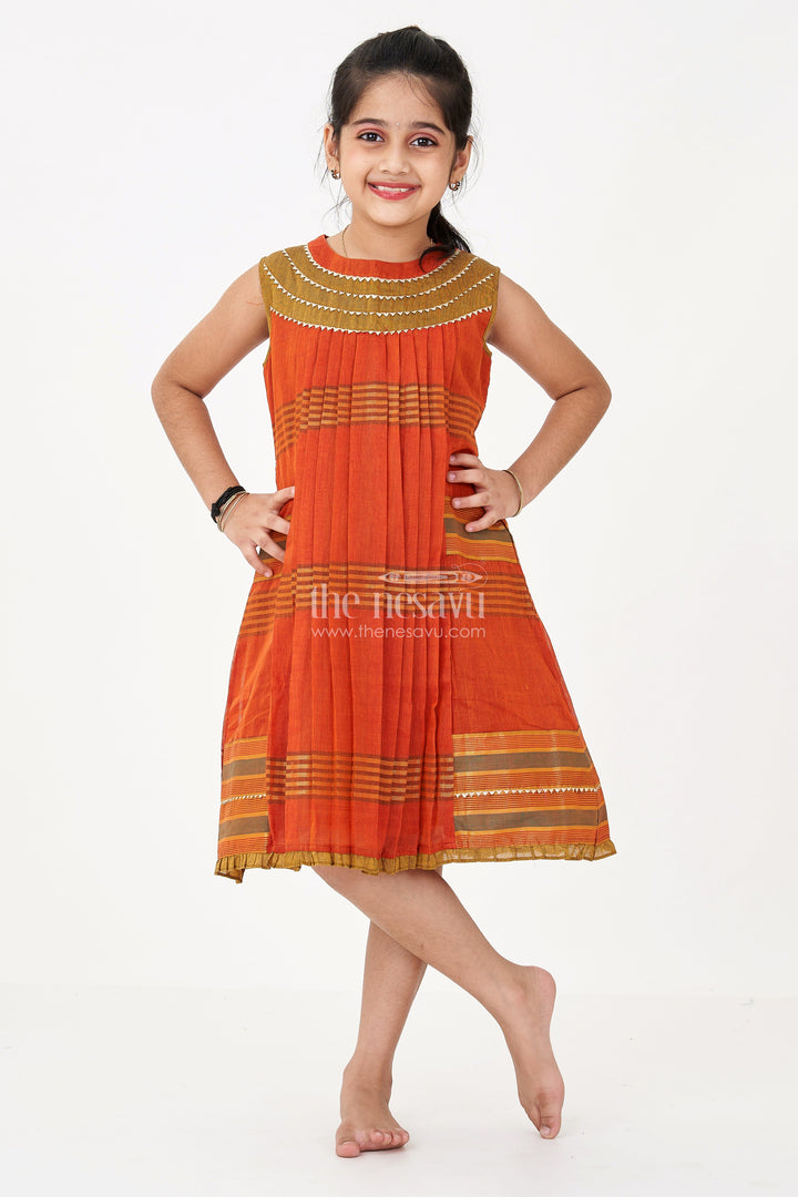 The Nesavu Girls Cotton Frock Girls Brown Color Frock in Mangalgiri Cotton with Traditional Stripes and Ornate Yoke Design Nesavu 22 (4Y) / Brown GFC1672B-22 Girls Brown Mangalgiri Cotton Frock Traditional Striped Design Embroidered Yoke | The Nesavu