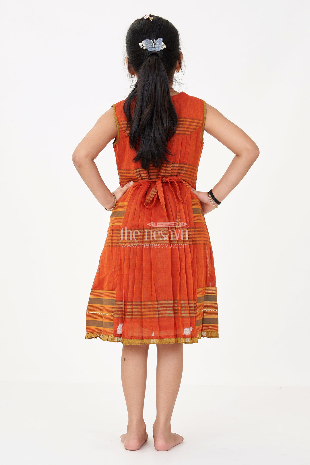 The Nesavu Girls Cotton Frock Girls Brown Color Frock in Mangalgiri Cotton with Traditional Stripes and Ornate Yoke Design Nesavu Girls Brown Mangalgiri Cotton Frock Traditional Striped Design Embroidered Yoke | The Nesavu