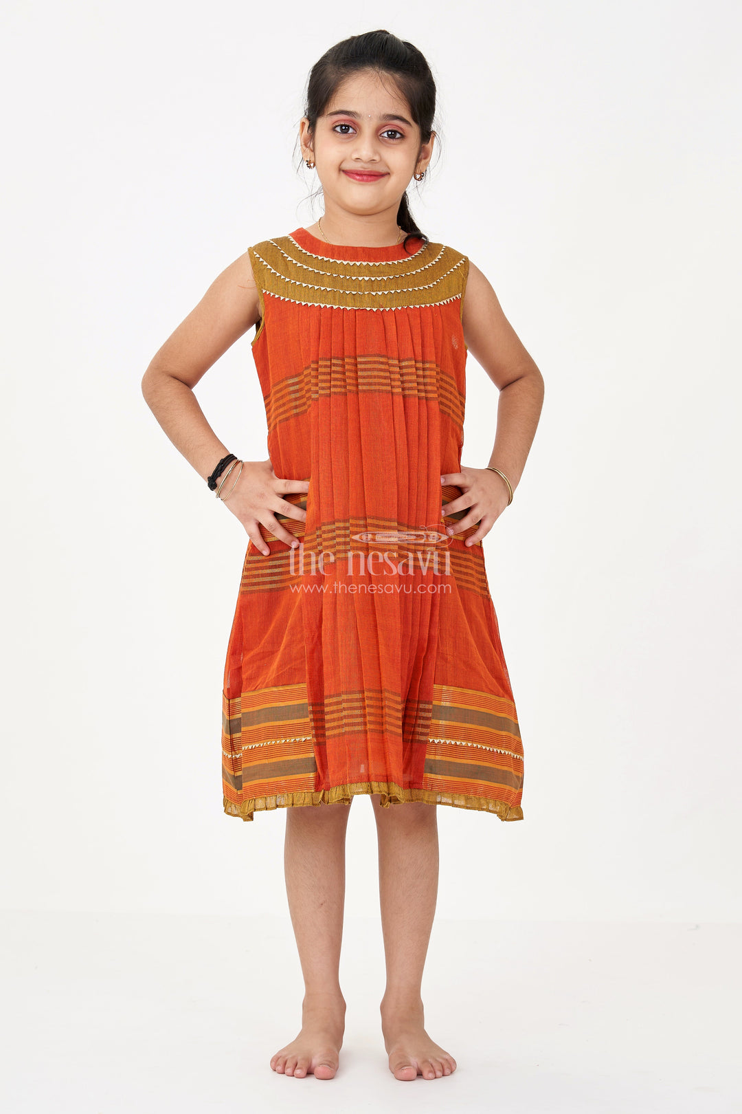 The Nesavu Girls Cotton Frock Girls Brown Color Frock in Mangalgiri Cotton with Traditional Stripes and Ornate Yoke Design Nesavu Girls Brown Mangalgiri Cotton Frock Traditional Striped Design Embroidered Yoke | The Nesavu