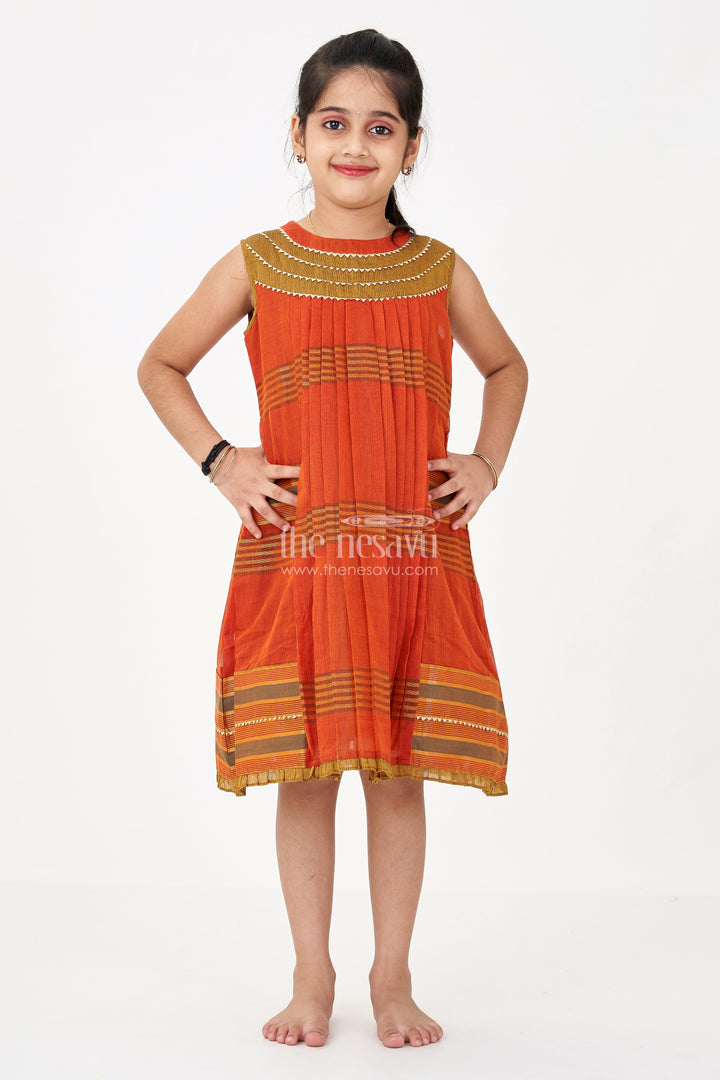 The Nesavu Girls Cotton Frock Girls Brown Color Frock in Mangalgiri Cotton with Traditional Stripes and Ornate Yoke Design Nesavu Girls Brown Mangalgiri Cotton Frock Traditional Striped Design Embroidered Yoke | The Nesavu