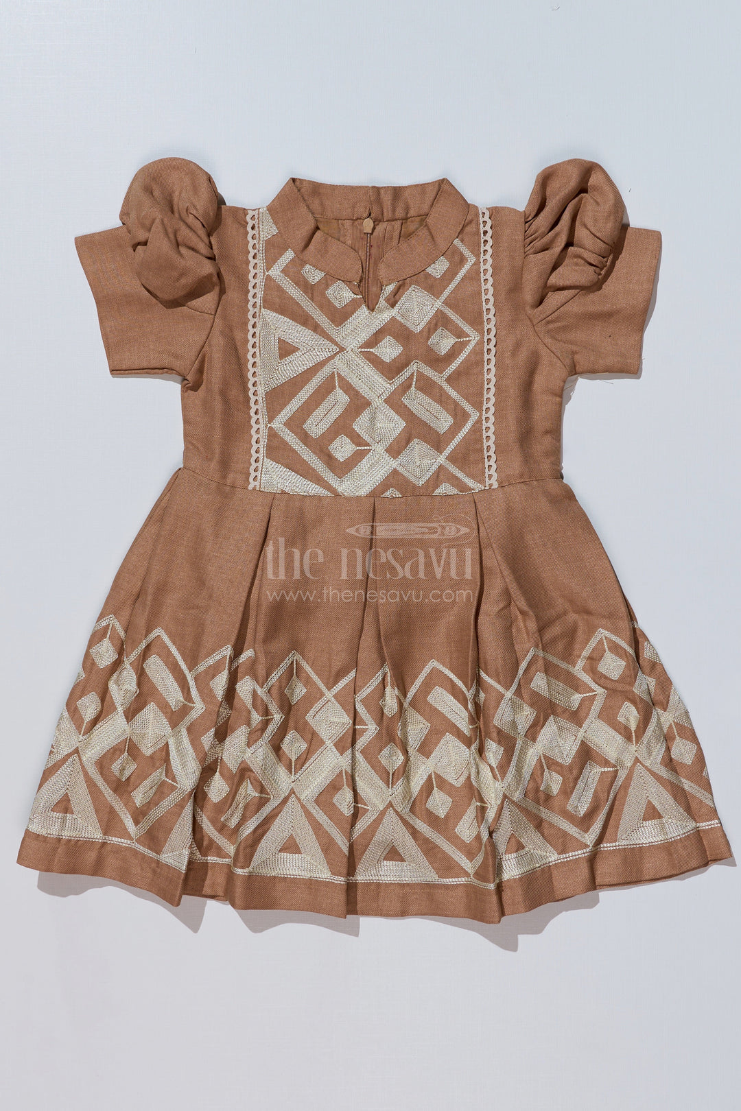 The Nesavu Girls Cotton Frock Girls Brown Frock with Golden Embroidery and Pleated Flair for Special Occasions Nesavu 20 (3Y) / Brown GFC1624B-20 Girls Brown Frock Golden Embroidery Pleated Design Festive Wear | The Nesavu