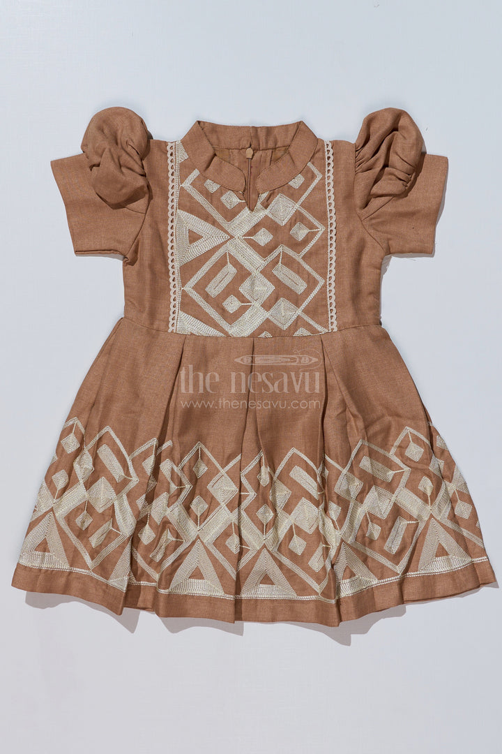 The Nesavu Girls Cotton Frock Girls Brown Frock with Golden Embroidery and Pleated Flair for Special Occasions Nesavu 20 (3Y) / Brown GFC1624B-20 Nesavu Girls Brown Frock Golden Embroidery Pleated Design Festive Wear
