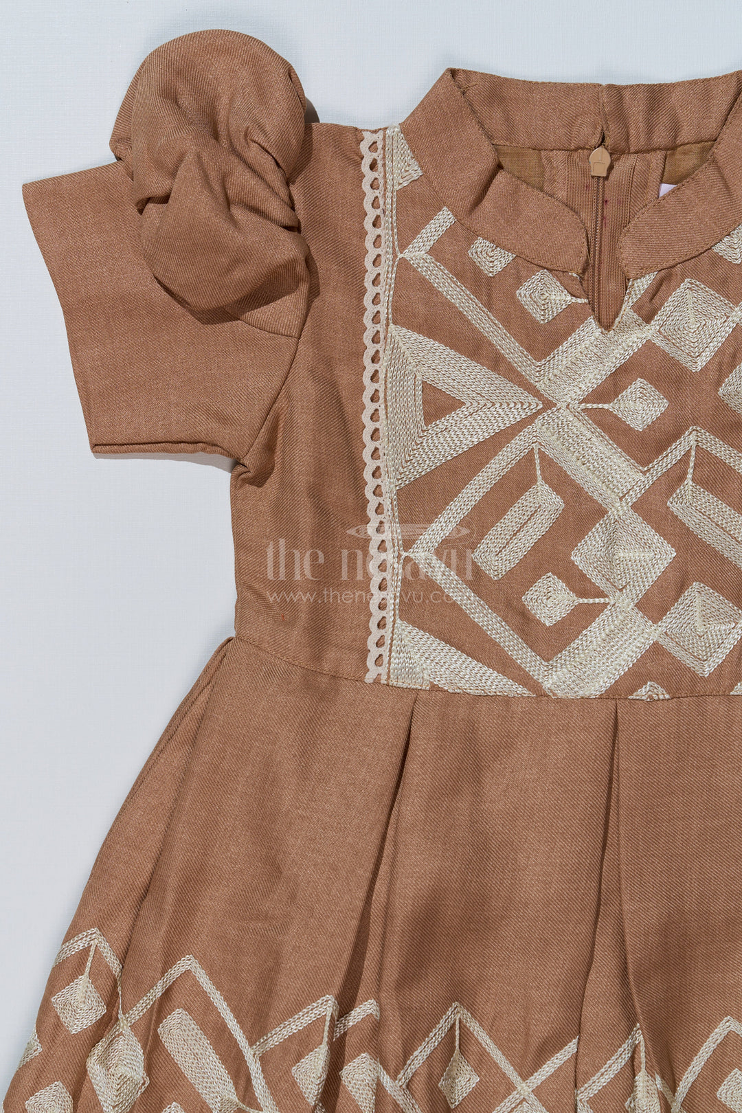 The Nesavu Girls Cotton Frock Girls Brown Frock with Golden Embroidery and Pleated Flair for Special Occasions Nesavu Girls Brown Frock Golden Embroidery Pleated Design Festive Wear | The Nesavu