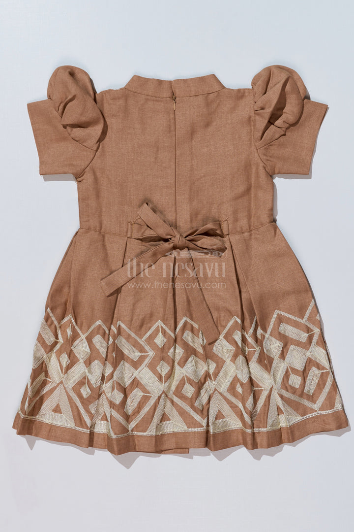 The Nesavu Girls Cotton Frock Girls Brown Frock with Golden Embroidery and Pleated Flair for Special Occasions Nesavu Nesavu Girls Brown Frock Golden Embroidery Pleated Design Festive Wear