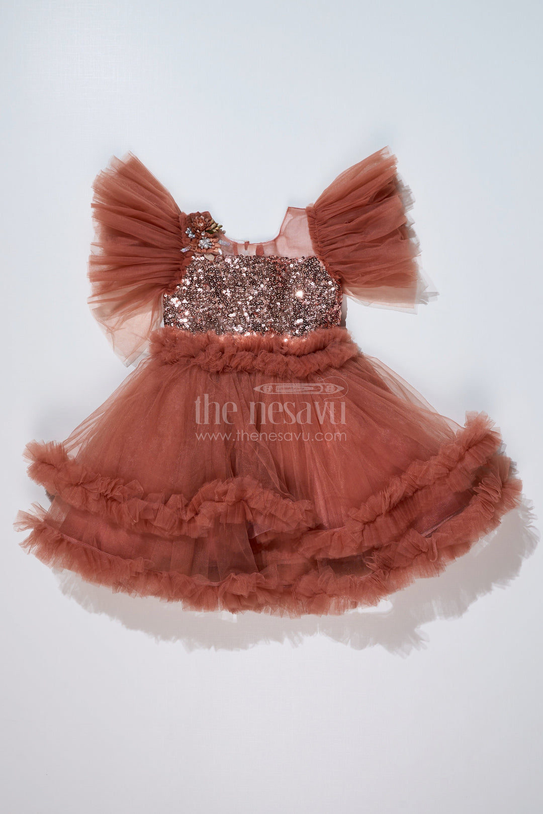The Nesavu Girls Fancy Party Frock Girls Brown Party Short Frock with Shimmering Sequin Bodice and Layered Net Skirt Nesavu 16 (1Y) / Brown PF198B-16 Brown Short Party Frock Girls Sequin Floral Bodice Layered Ruffles | The Nesavu
