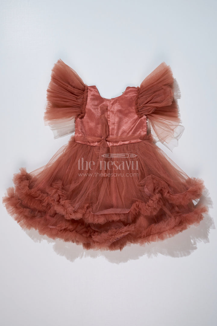 The Nesavu Girls Fancy Party Frock Girls Brown Party Short Frock with Shimmering Sequin Bodice and Layered Net Skirt Nesavu Brown Short Party Frock Girls Sequin Floral Bodice Layered Ruffles | The Nesavu