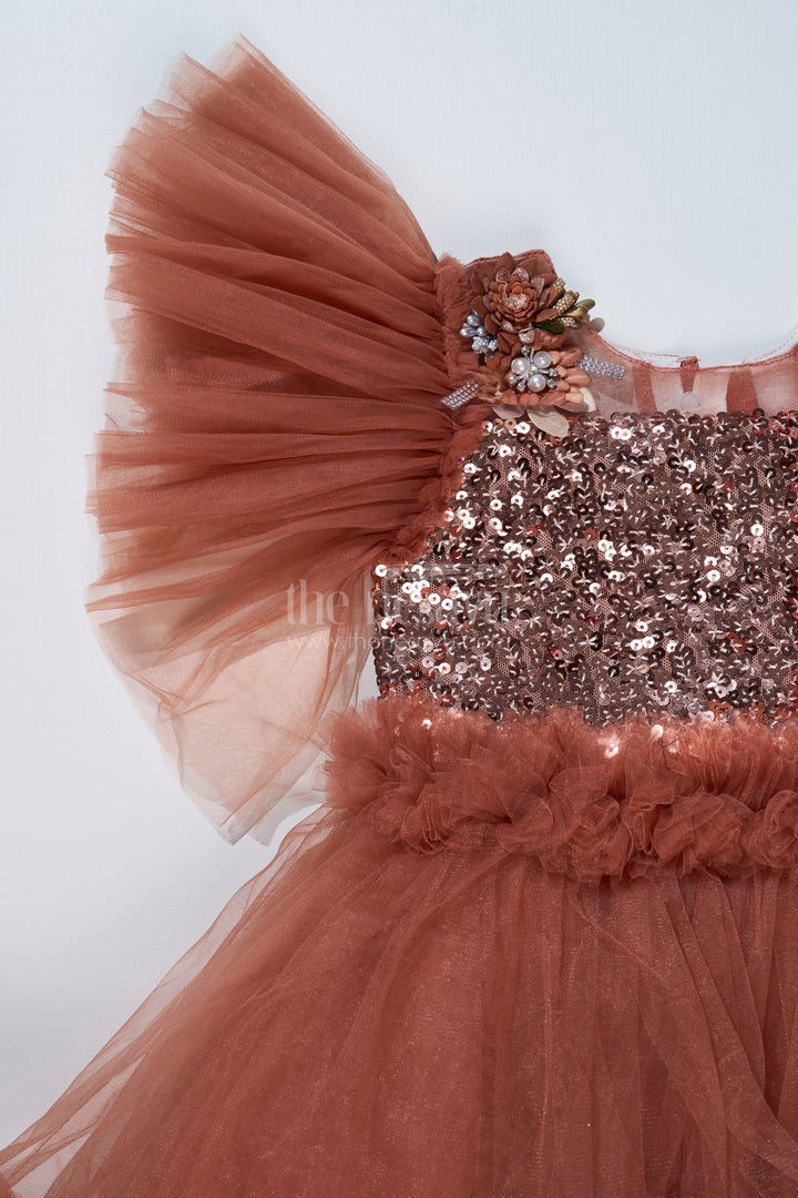 The Nesavu Girls Fancy Party Frock Girls Brown Party Short Frock with Shimmering Sequin Bodice and Layered Net Skirt Nesavu Brown Short Party Frock Girls Sequin Floral Bodice Layered Ruffles | The Nesavu