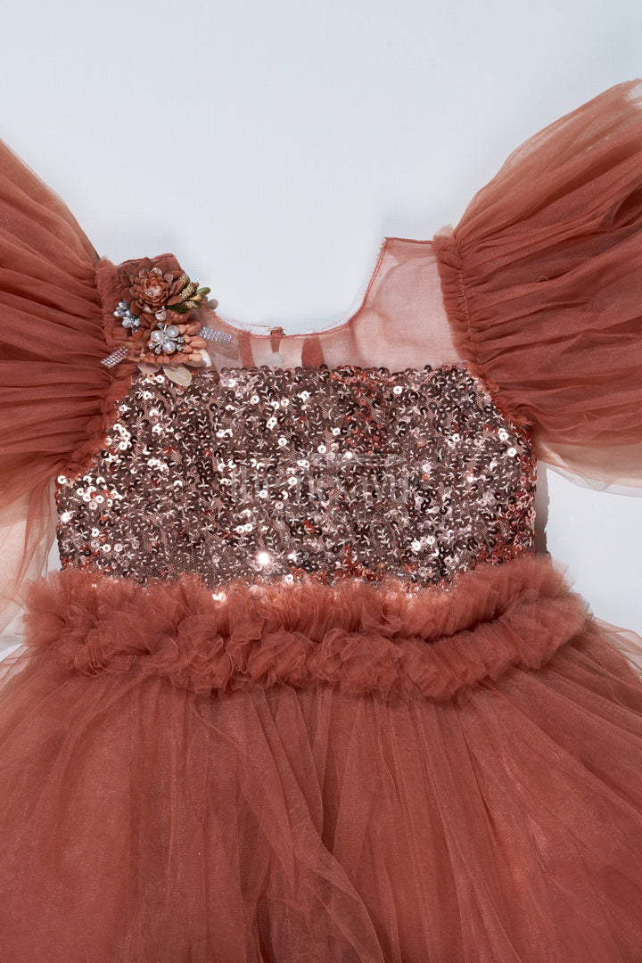 The Nesavu Girls Fancy Party Frock Girls Brown Party Short Frock with Shimmering Sequin Bodice and Layered Net Skirt Nesavu Brown Short Party Frock Girls Sequin Floral Bodice Layered Ruffles | The Nesavu