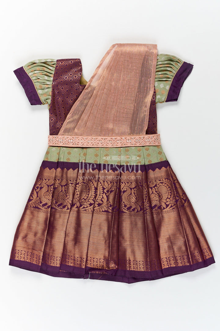 The Nesavu Girls Kanchi Silk Frock Girls Brown Silk Dress in Semi Kanchivaram with Rich Thread Embroidery and Lace Embellished Dupatta Nesavu 16 (1Y) / Green / Style 1 SF846AA-16 Girls Brown Silk Dress in Semi Kanchivaram with Embroidered Dupatta and Traditional Zari Patterns | The Nesavu