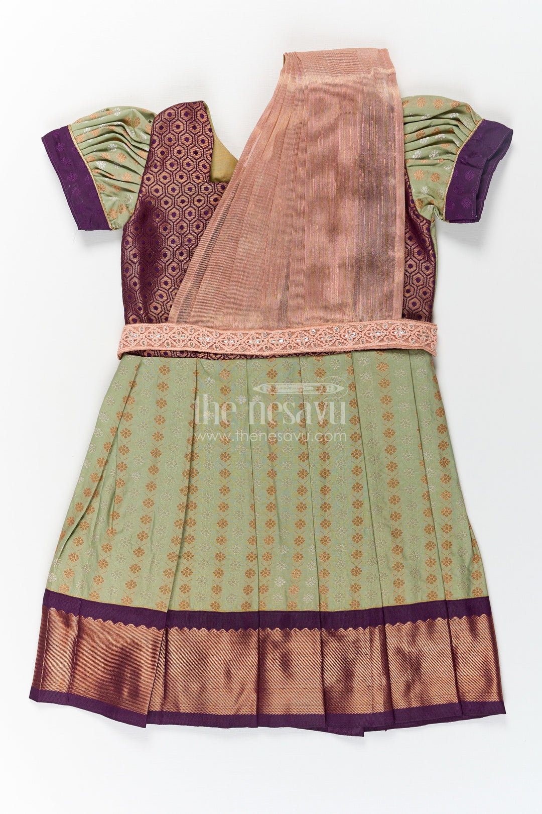 The Nesavu Girls Kanchi Silk Frock Girls Brown Silk Dress in Semi Kanchivaram with Rich Thread Embroidery and Lace Embellished Dupatta Nesavu 18 (2Y) / Green / Style 4 SF846AD-18 Girls Brown Silk Dress in Semi Kanchivaram with Embroidered Dupatta and Traditional Zari Patterns | The Nesavu