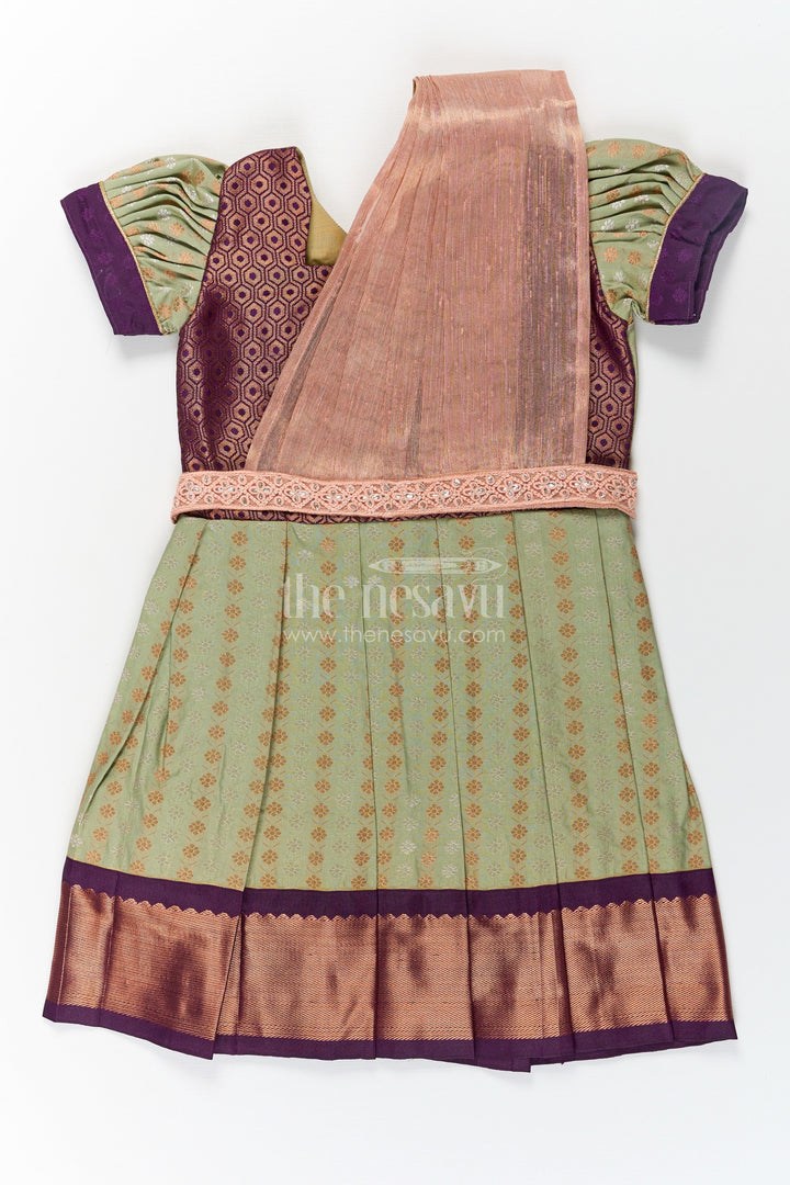 The Nesavu Girls Kanchi Silk Frock Girls Brown Silk Dress in Semi Kanchivaram with Rich Thread Embroidery and Lace Embellished Dupatta Nesavu 18 (2Y) / Green / Style 4 SF846AD-18 Girls Brown Silk Dress in Semi Kanchivaram with Embroidered Dupatta and Traditional Zari Patterns | The Nesavu