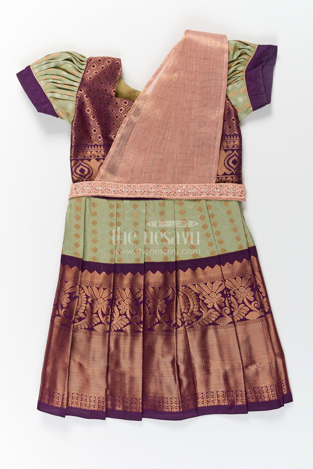 The Nesavu Girls Kanchi Silk Frock Girls Brown Silk Dress in Semi Kanchivaram with Rich Thread Embroidery and Lace Embellished Dupatta Nesavu 20 (3Y) / Green / Style 2 SF846AB-20 Girls Brown Silk Dress in Semi Kanchivaram with Embroidered Dupatta and Traditional Zari Patterns | The Nesavu