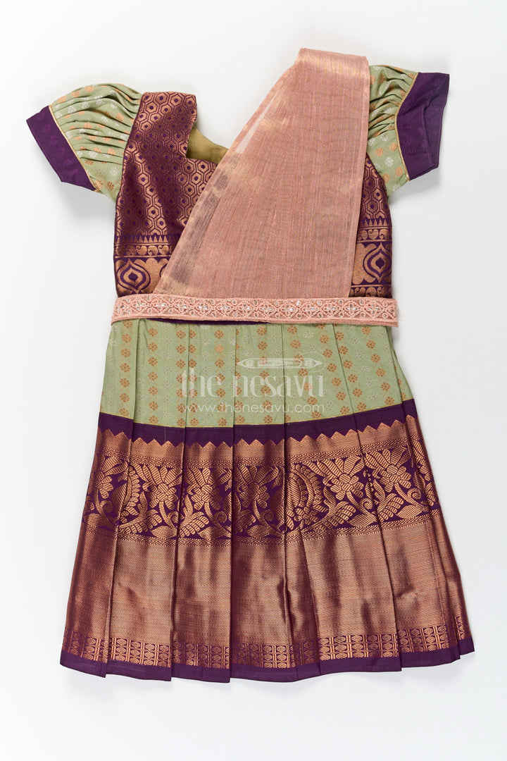 The Nesavu Girls Kanchi Silk Frock Girls Brown Silk Dress in Semi Kanchivaram with Rich Thread Embroidery and Lace Embellished Dupatta Nesavu 20 (3Y) / Green / Style 2 SF846AB-20 Girls Brown Silk Dress in Semi Kanchivaram with Embroidered Dupatta and Traditional Zari Patterns | The Nesavu