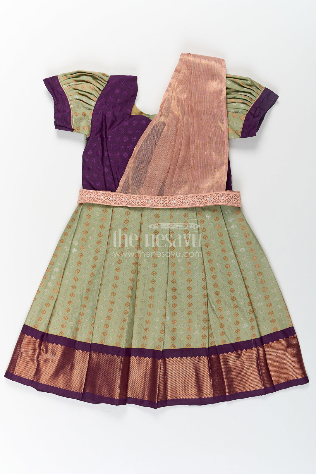The Nesavu Girls Kanchi Silk Frock Girls Brown Silk Dress in Semi Kanchivaram with Rich Thread Embroidery and Lace Embellished Dupatta Nesavu 20 (3Y) / Green / Style 5 SF846AE-20 Girls Brown Silk Dress in Semi Kanchivaram with Embroidered Dupatta and Traditional Zari Patterns | The Nesavu