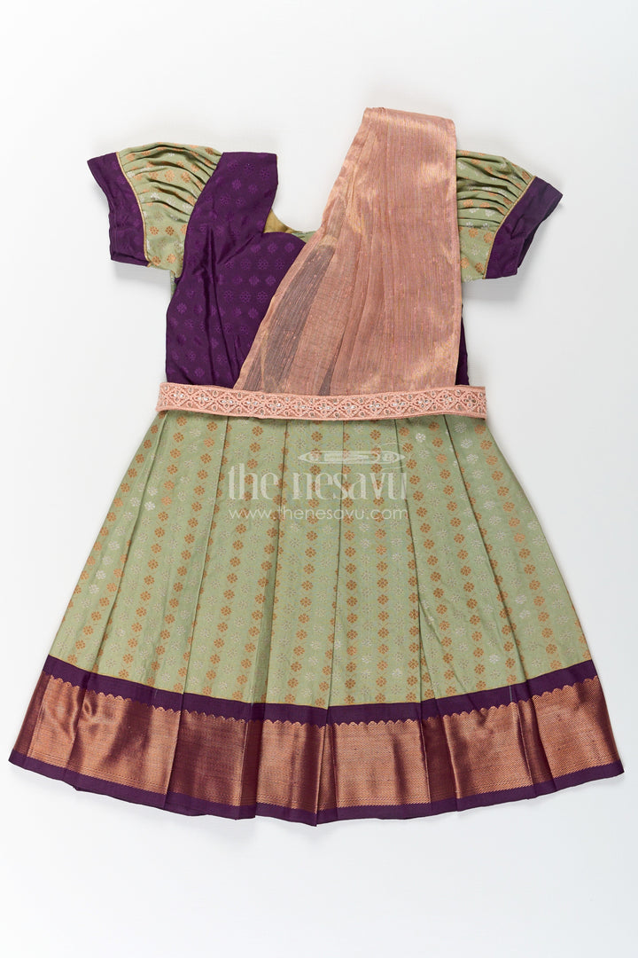The Nesavu Girls Kanchi Silk Frock Girls Brown Silk Dress in Semi Kanchivaram with Rich Thread Embroidery and Lace Embellished Dupatta Nesavu 20 (3Y) / Green / Style 5 SF846AE-20 Girls Brown Silk Dress in Semi Kanchivaram with Embroidered Dupatta and Traditional Zari Patterns | The Nesavu
