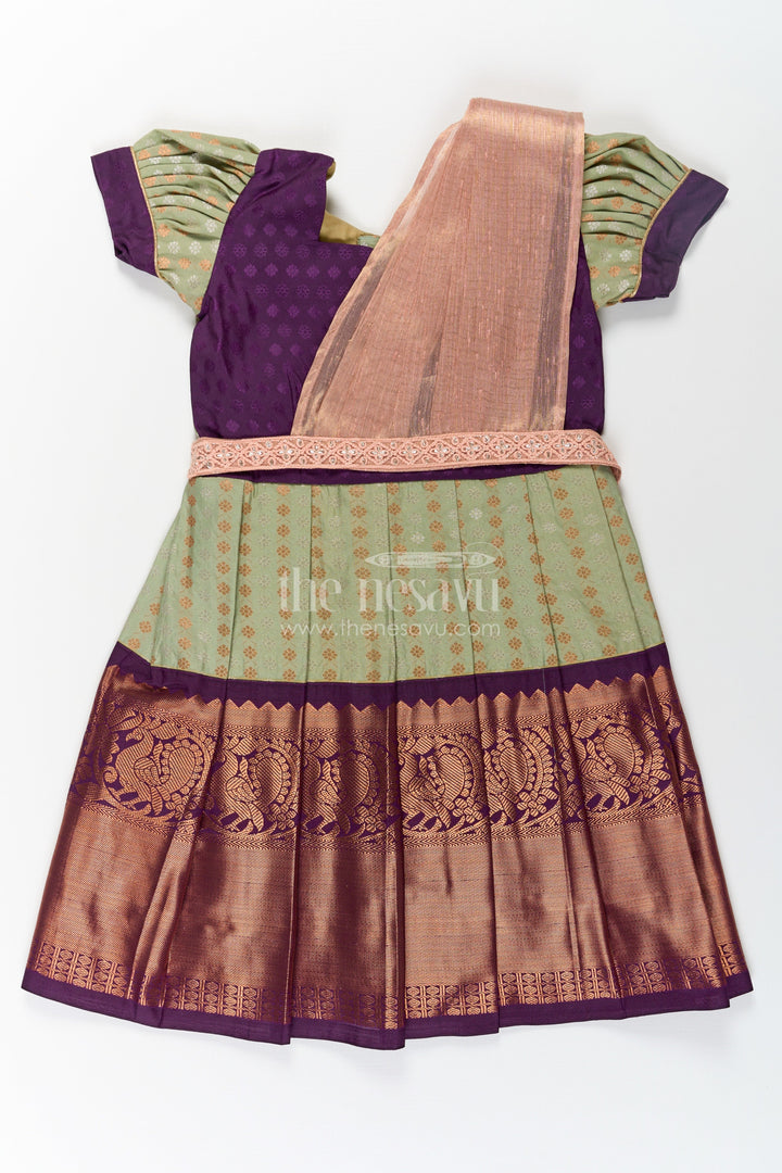 The Nesavu Girls Kanchi Silk Frock Girls Brown Silk Dress in Semi Kanchivaram with Rich Thread Embroidery and Lace Embellished Dupatta Nesavu 22 (4Y) / Green / Style 3 SF846AC-22 Girls Brown Silk Dress in Semi Kanchivaram with Embroidered Dupatta and Traditional Zari Patterns | The Nesavu