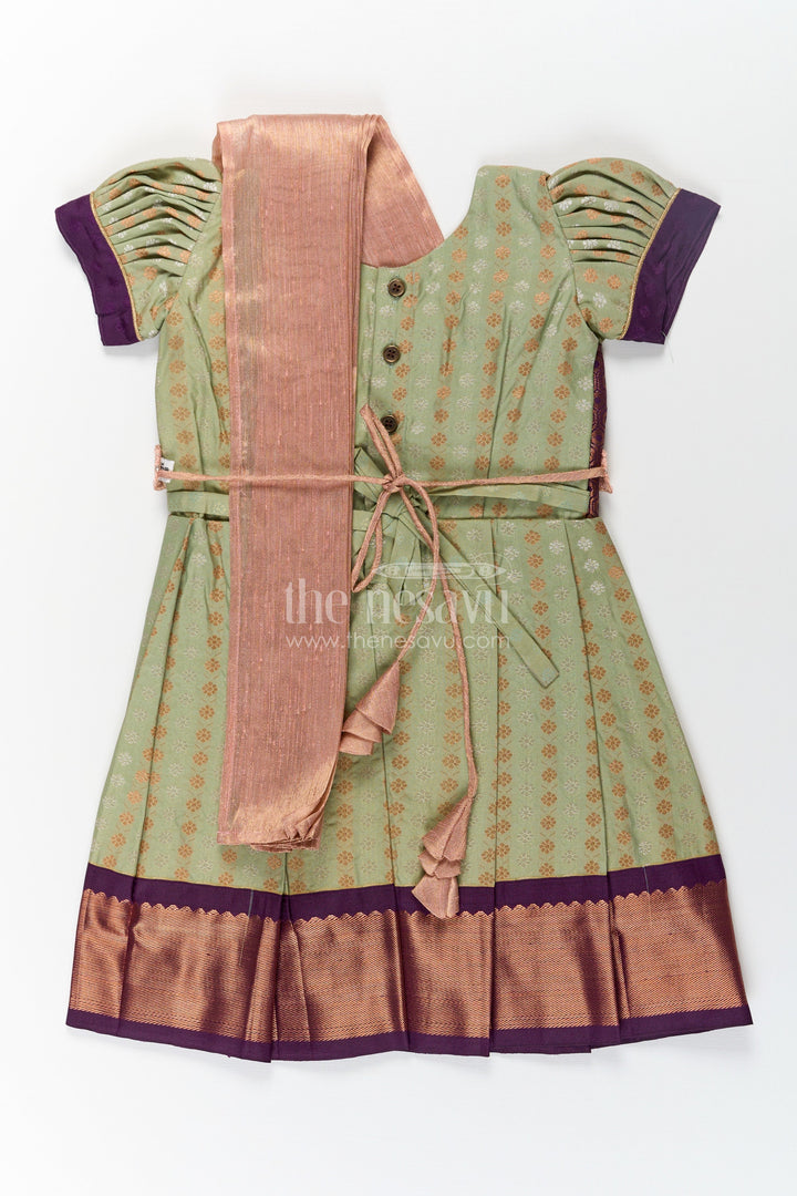 The Nesavu Girls Kanchi Silk Frock Girls Brown Silk Dress in Semi Kanchivaram with Rich Thread Embroidery and Lace Embellished Dupatta Nesavu Girls Brown Silk Dress in Semi Kanchivaram with Embroidered Dupatta and Traditional Zari Patterns | The Nesavu