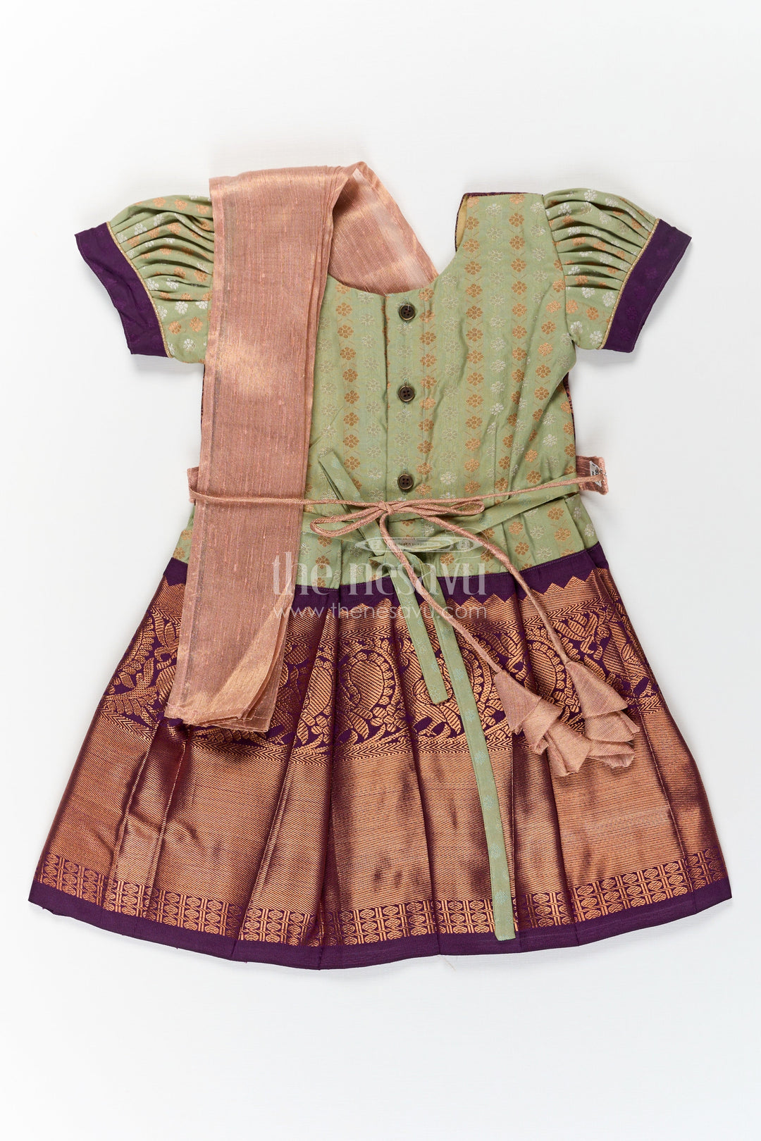 The Nesavu Girls Kanchi Silk Frock Girls Brown Silk Dress in Semi Kanchivaram with Rich Thread Embroidery and Lace Embellished Dupatta Nesavu Girls Brown Silk Dress in Semi Kanchivaram with Embroidered Dupatta and Traditional Zari Patterns | The Nesavu