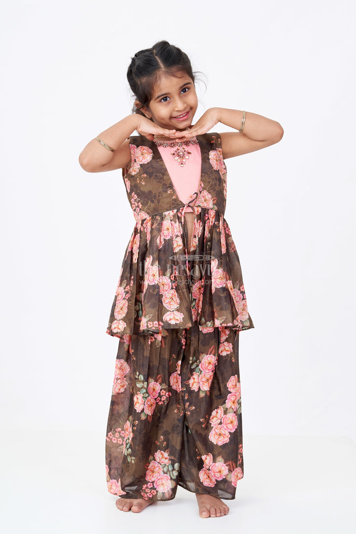 The Nesavu Girls Sharara / Plazo Set Girls Brown Suit Set in Floral Shimmer Georgette with Peach Embroidered Top and Peplum Jacket Nesavu 16 (1Y) / Brown GPS559A-16 Girls Brown Suit Set Floral Shimmer Georgette Palazzo Jacket Peach Embroidered Top | The Nesavu
