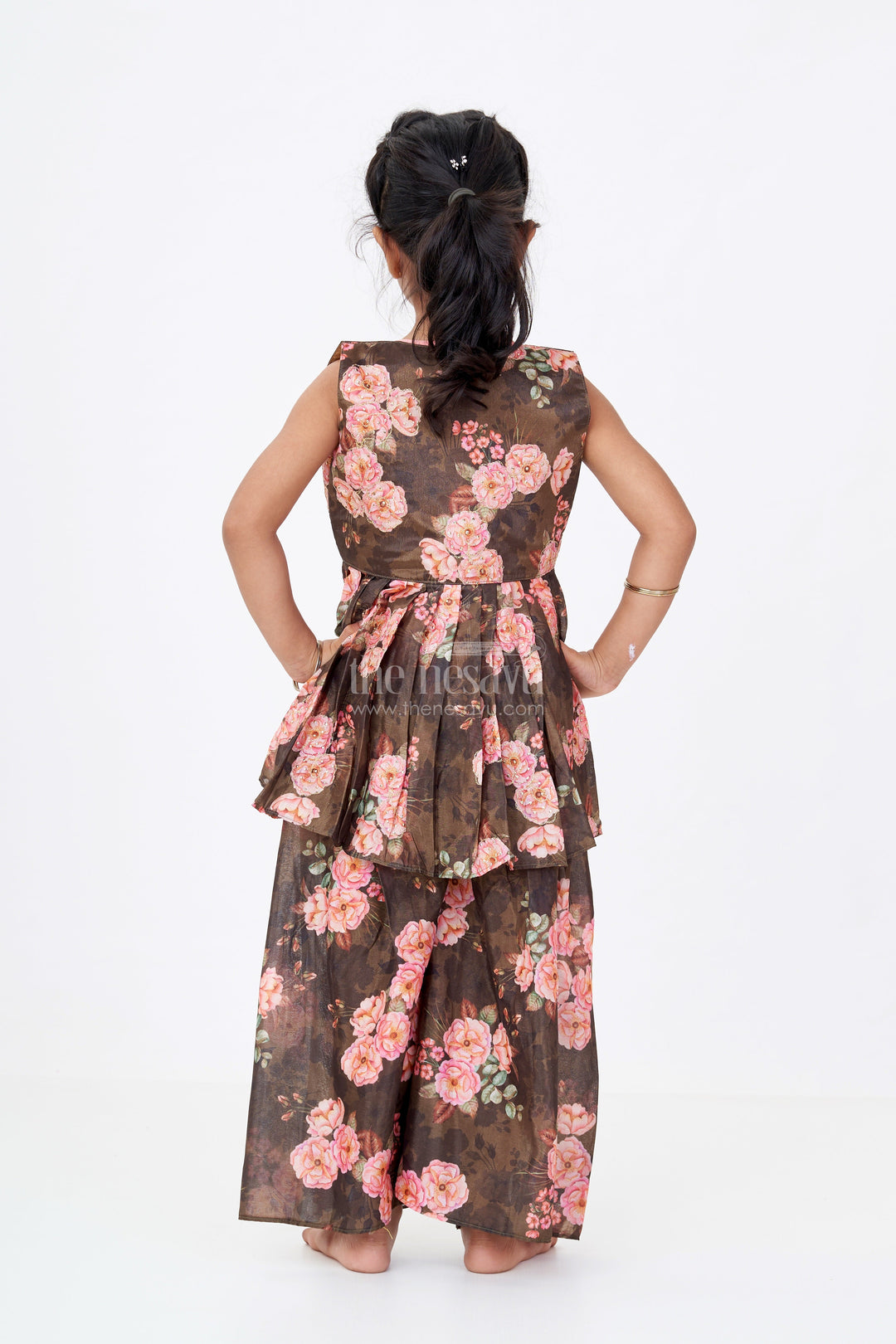 The Nesavu Girls Sharara / Plazo Set Girls Brown Suit Set in Floral Shimmer Georgette with Peach Embroidered Top and Peplum Jacket Nesavu Girls Brown Suit Set Floral Shimmer Georgette Palazzo Jacket Peach Embroidered Top | The Nesavu