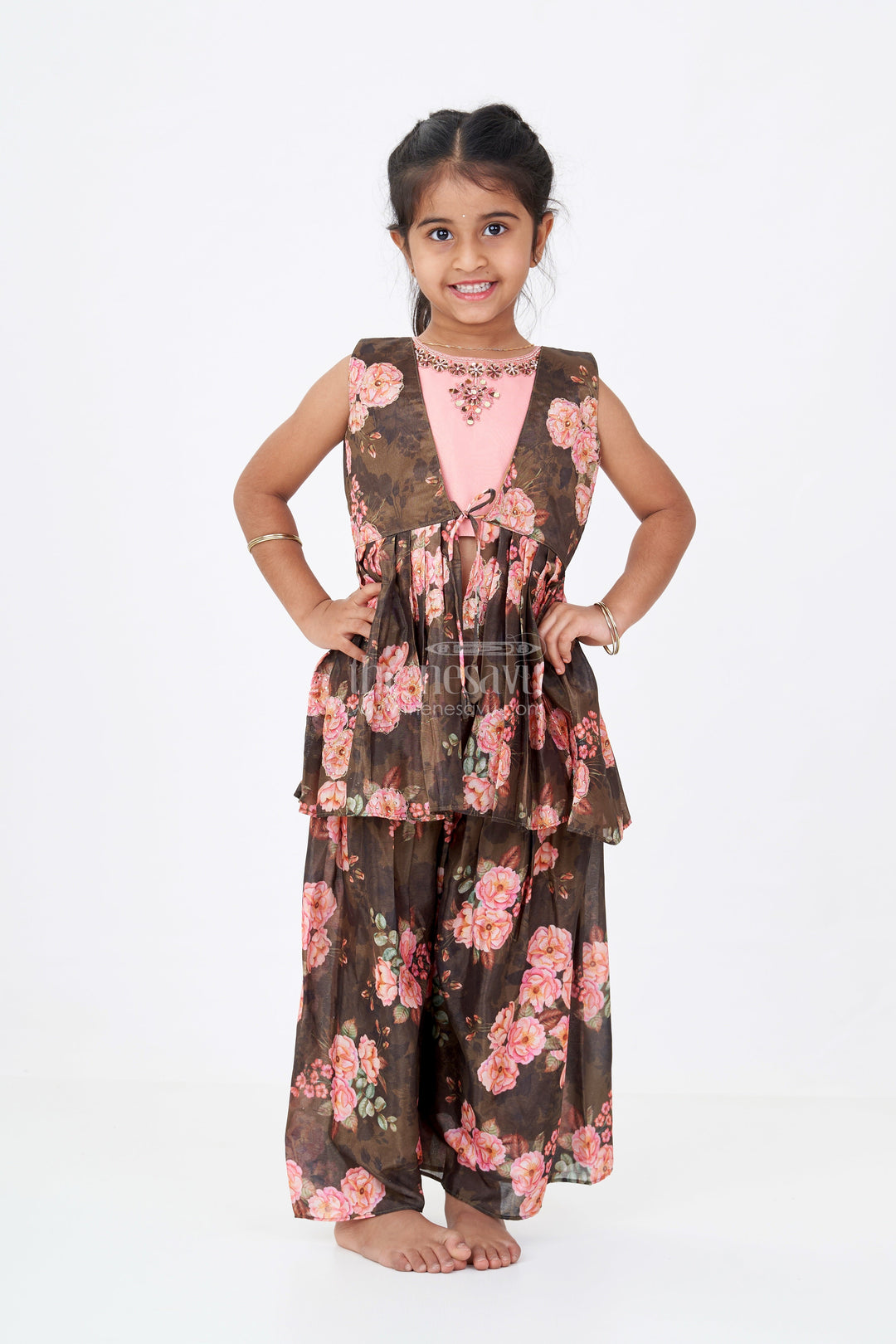 The Nesavu Girls Sharara / Plazo Set Girls Brown Suit Set in Floral Shimmer Georgette with Peach Embroidered Top and Peplum Jacket Nesavu Girls Brown Suit Set Floral Shimmer Georgette Palazzo Jacket Peach Embroidered Top | The Nesavu