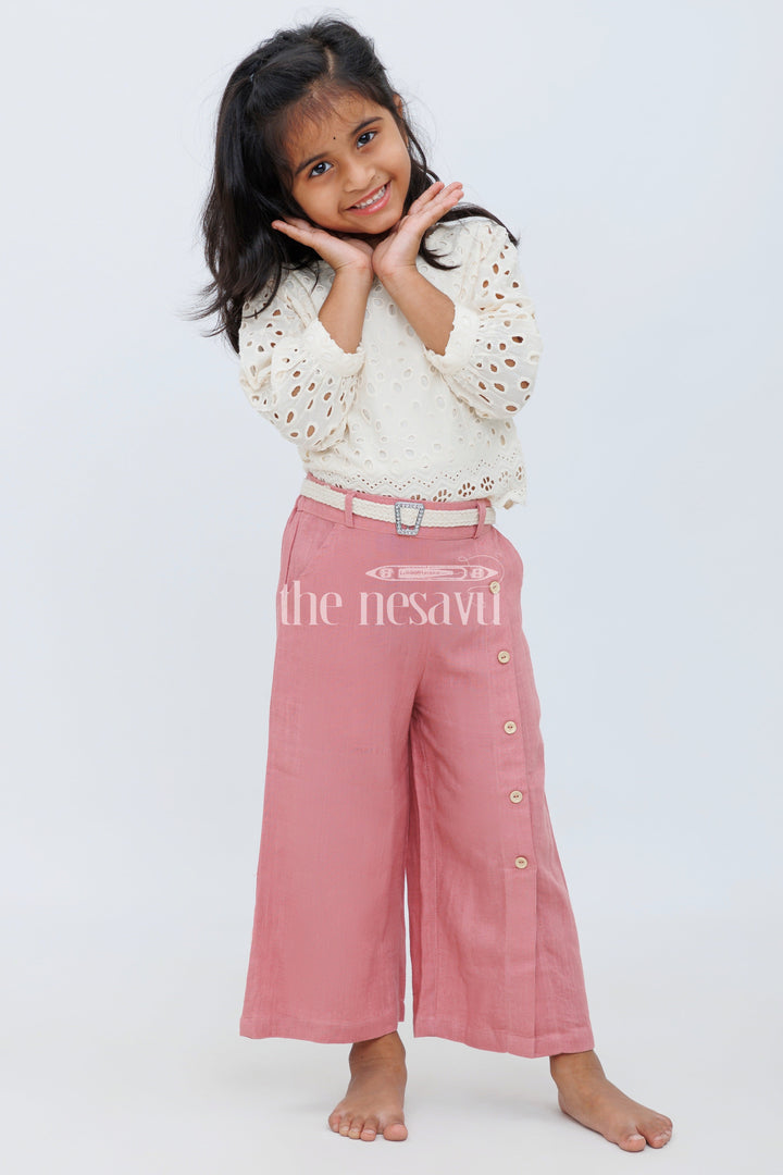 The Nesavu Girls Sharara / Plazo Set Girls Brown Top and Palazzo Set with Embroidered Off-White Lace Top and Wide-Leg Pants Nesavu 16 (1Y) / Brown GPS403A-16 Nesavu Girls Brown Palazzo Set Embroidered Lace Top Wide-Legged Pants Casual Events