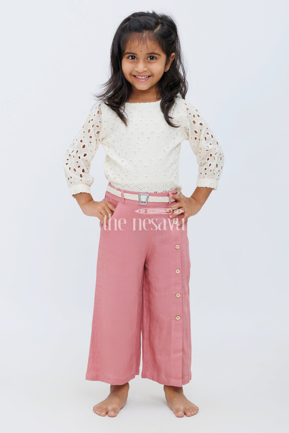 The Nesavu Girls Sharara / Plazo Set Girls Brown Top and Palazzo Set with Embroidered Off-White Lace Top and Wide-Leg Pants Nesavu Nesavu Girls Brown Palazzo Set Embroidered Lace Top Wide-Legged Pants Casual Events