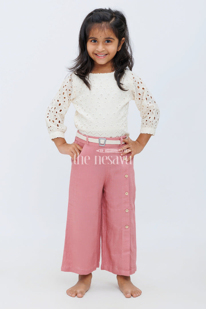 The Nesavu Girls Sharara / Plazo Set Girls Brown Top and Palazzo Set with Embroidered Off-White Lace Top and Wide-Leg Pants Nesavu Nesavu Girls Brown Palazzo Set Embroidered Lace Top Wide-Legged Pants Casual Events