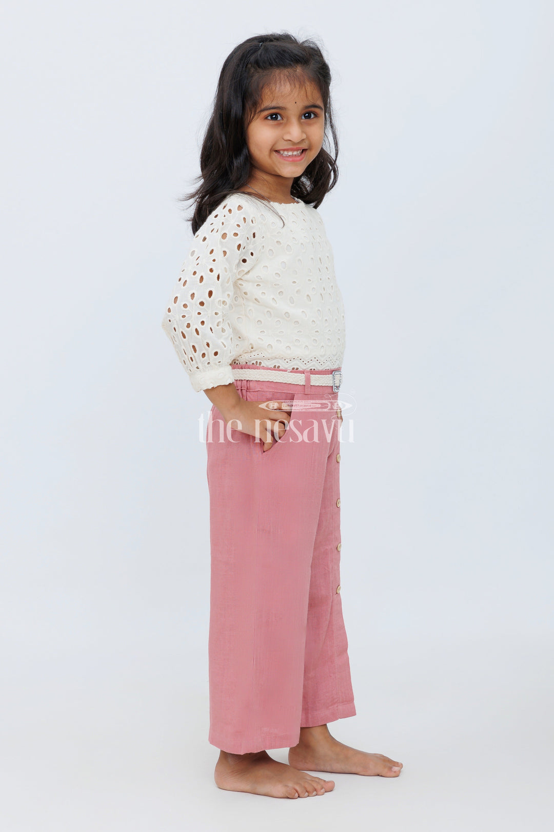 The Nesavu Girls Sharara / Plazo Set Girls Brown Top and Palazzo Set with Embroidered Off-White Lace Top and Wide-Leg Pants Nesavu Nesavu Girls Brown Palazzo Set Embroidered Lace Top Wide-Legged Pants Casual Events