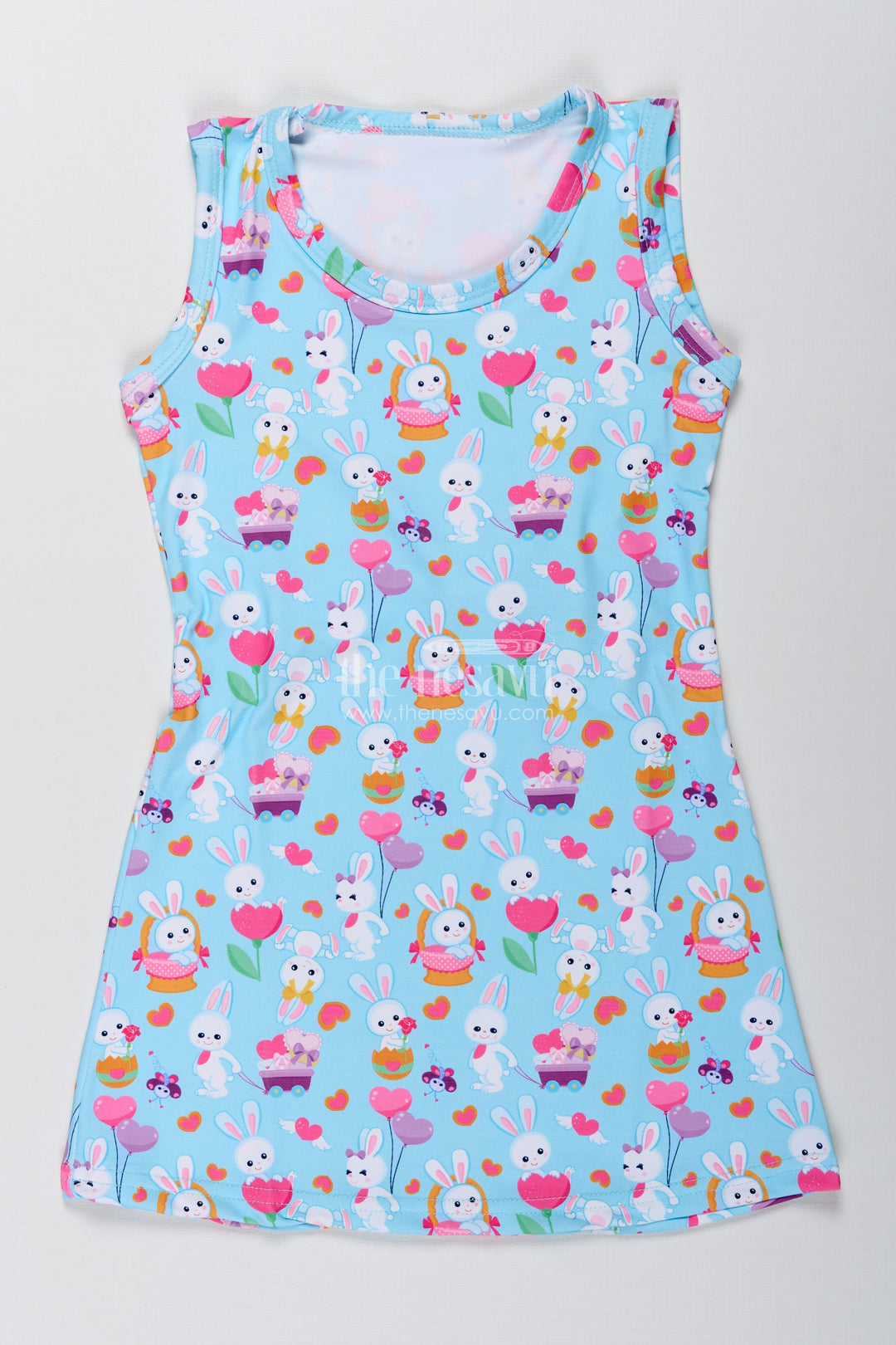 The Nesavu Girls Cotton Frock Girls Bunny Print Cotton Frock for Playdates and Casual Outings Nesavu 22 (4Y) / Blue GFC1893A-22 Nesavu Girls Bunny Print Cotton Frock Sleeveless Playdate Dress Fun Cartoon Pattern
