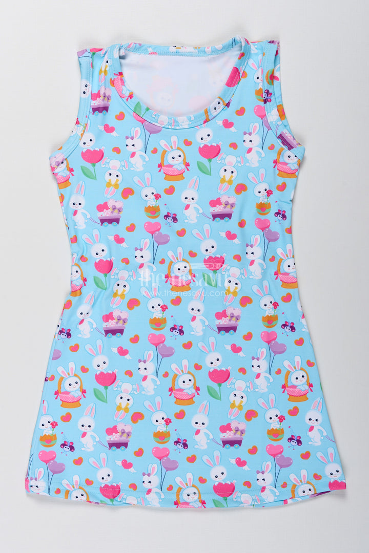 The Nesavu Girls Cotton Frock Girls Bunny Print Cotton Frock for Playdates and Casual Outings Nesavu 22 (4Y) / Blue GFC1893A-22 Nesavu Girls Bunny Print Cotton Frock Sleeveless Playdate Dress Fun Cartoon Pattern