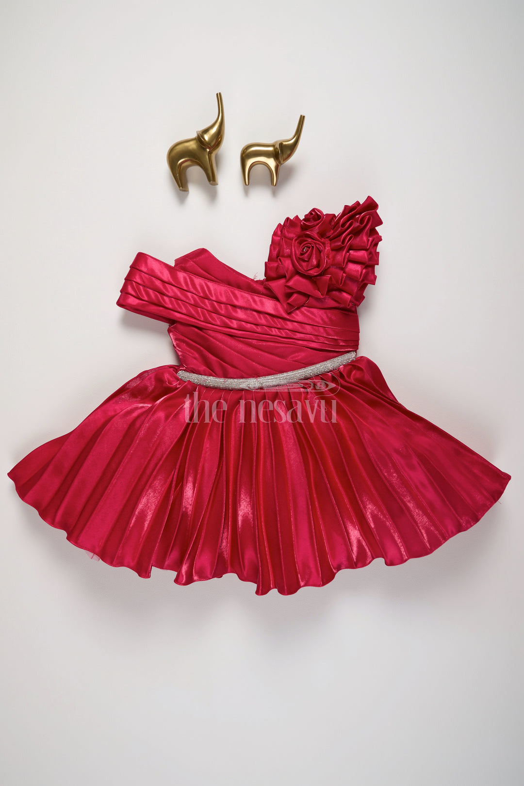 The Nesavu Girls Fancy Party Frock Girls Burgundy One-Shoulder Fancy Party Frock with Floral Applique Nesavu 16 (1Y) / Pink PF189C-16 Nesavu Girls Burgundy One-Shoulder Fancy Party Dress Pleated Skirt Floral Applique