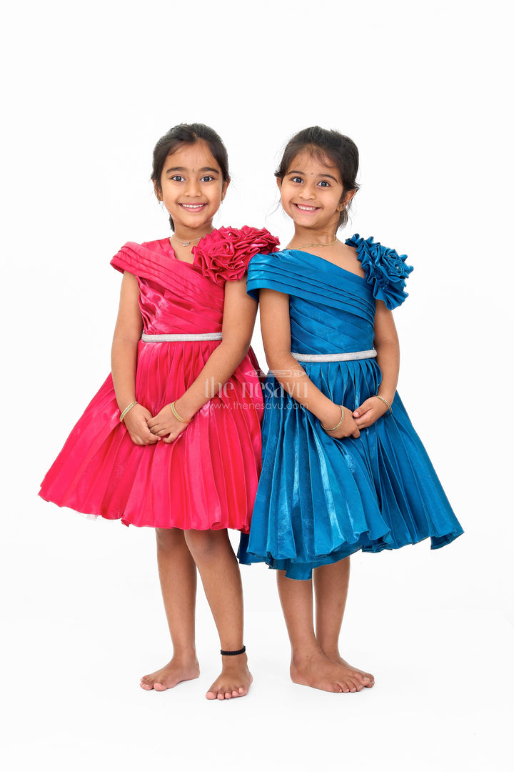 The Nesavu Girls Fancy Party Frock Girls Burgundy One-Shoulder Fancy Party Frock with Floral Applique Nesavu Nesavu Girls Burgundy One-Shoulder Fancy Party Dress Pleated Skirt Floral Applique