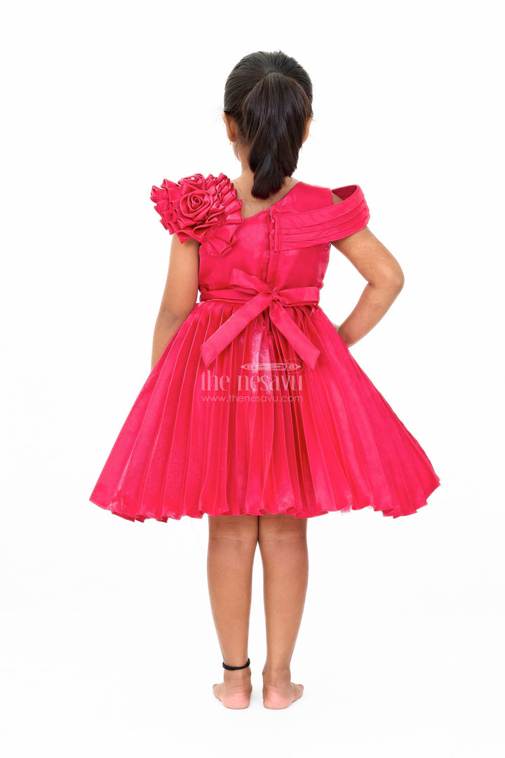 The Nesavu Girls Fancy Party Frock Girls Burgundy One-Shoulder Fancy Party Frock with Floral Applique Nesavu Nesavu Girls Burgundy One-Shoulder Fancy Party Dress Pleated Skirt Floral Applique